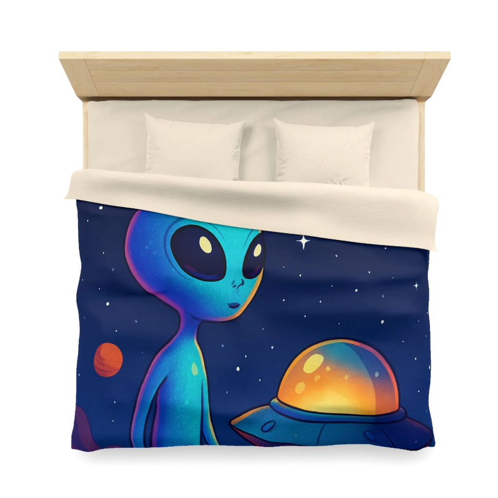 Housse de couette avec motif adorable de petit extraterrestre bleu et soucoupe volante