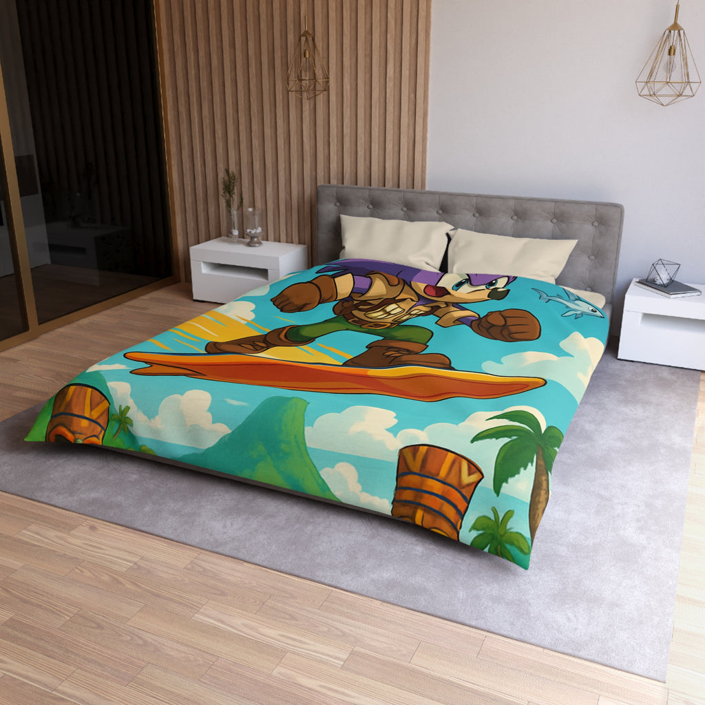 Housse de couette vibrante avec héros aventureux sur plage tropicale paradisiaque