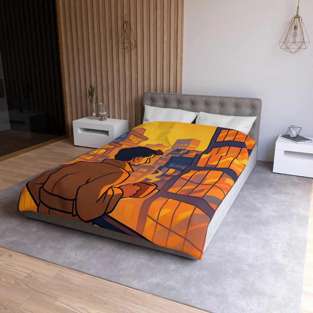 Housse de couette avec illustration urbaine au coucher de soleil et silhouette masculine