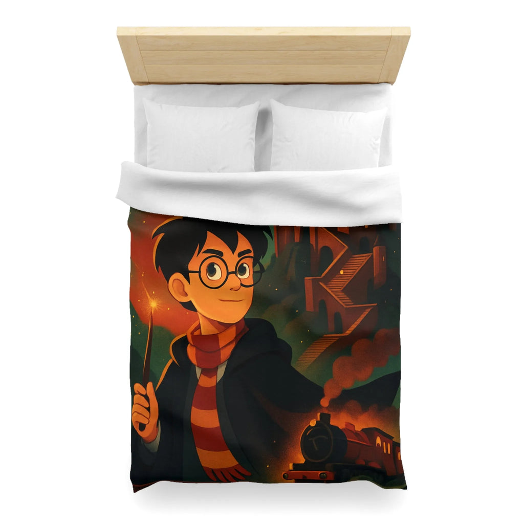 Housse de couette magique avec jeune sorcier, hibou, château et train en fond