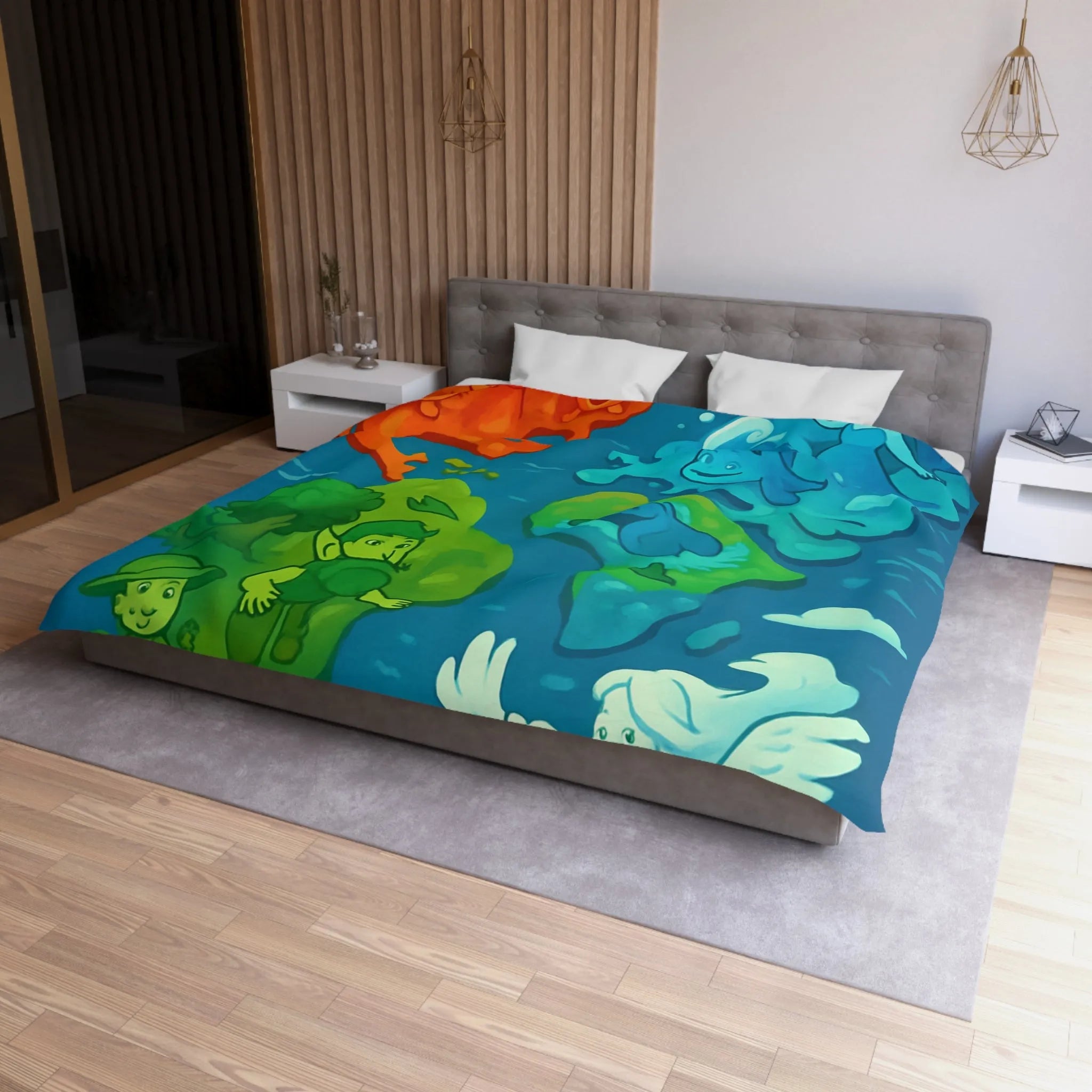 Housse de couette colorée avec illustration ludique des éléments naturels en harmonie