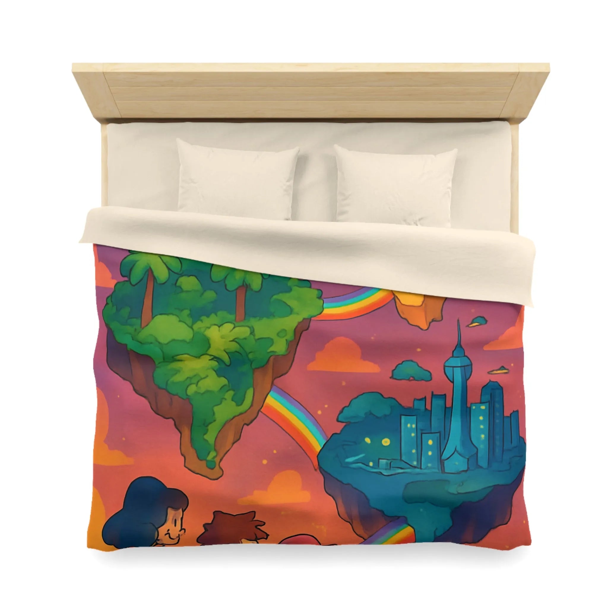 Housse de couette avec univers magique flottant pour chambre d'enfant colorée arc-en-ciel