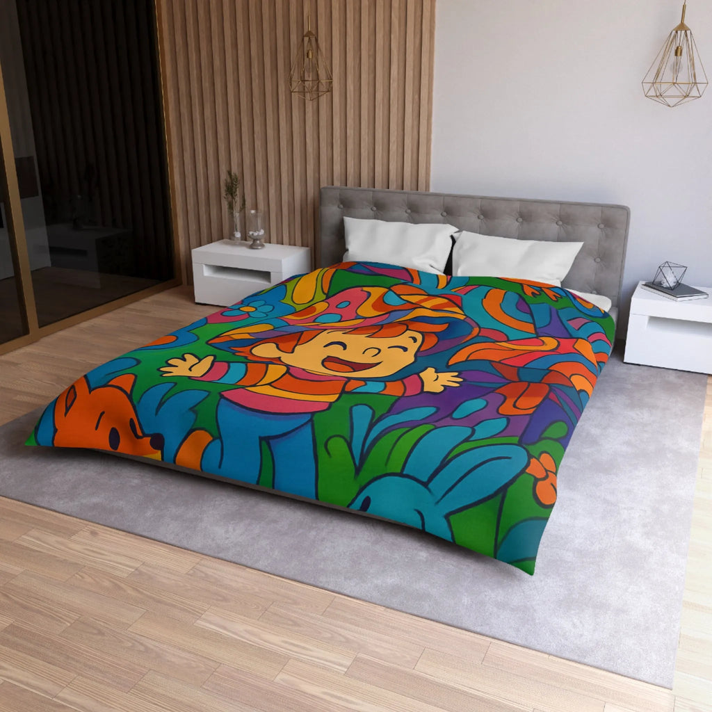 Housse de couette enfant joyeuse avec animaux en forêt style rétro arc-en-ciel