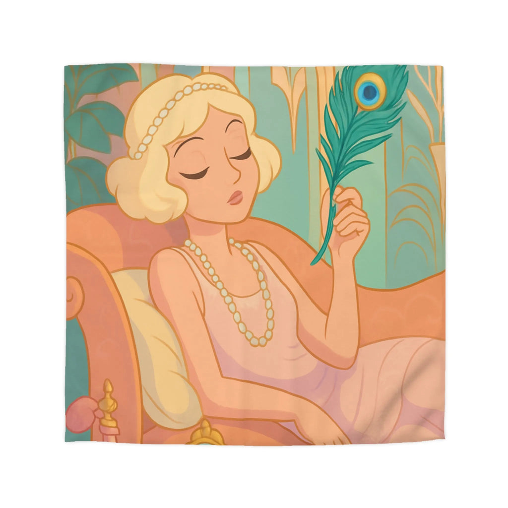 Élégance Art Déco : Femme avec Plume de Paon et Flacons de Parfum Pastels