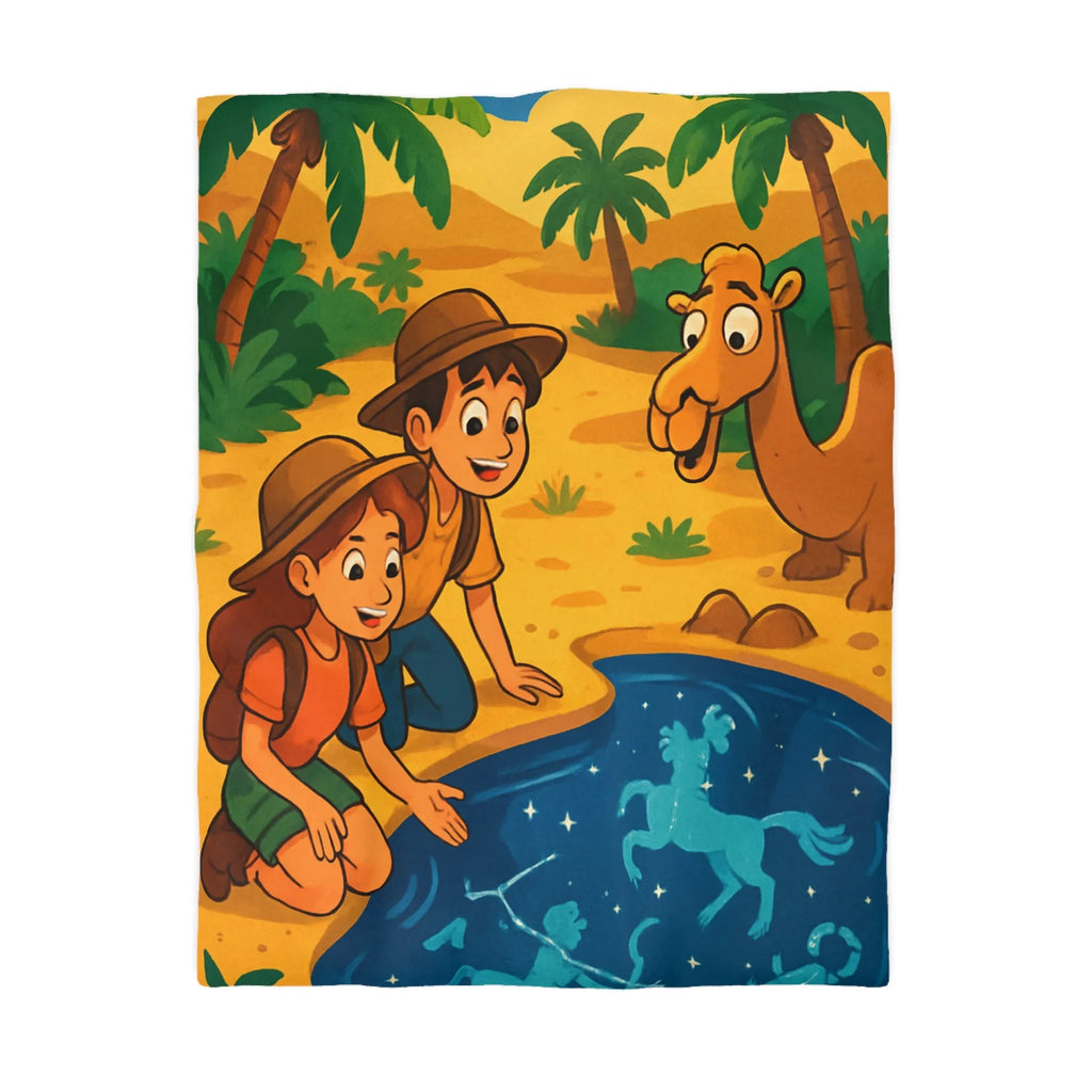 Housse de couette désert exotique enfants étoiles, animaux et aventuriers explorant oasis magique
