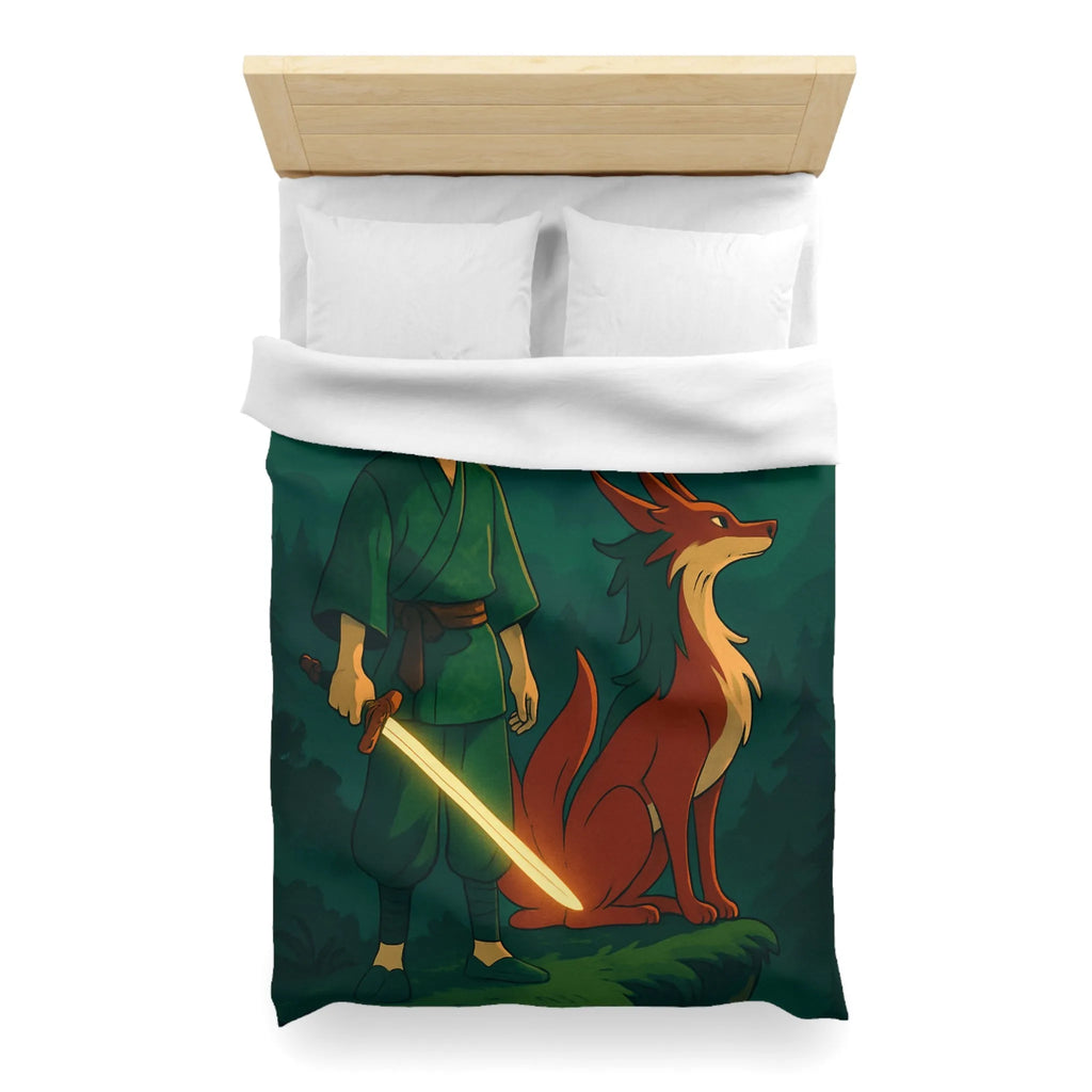 Housse de couette épique avec lune rouge, scène mystique et créature légendaire