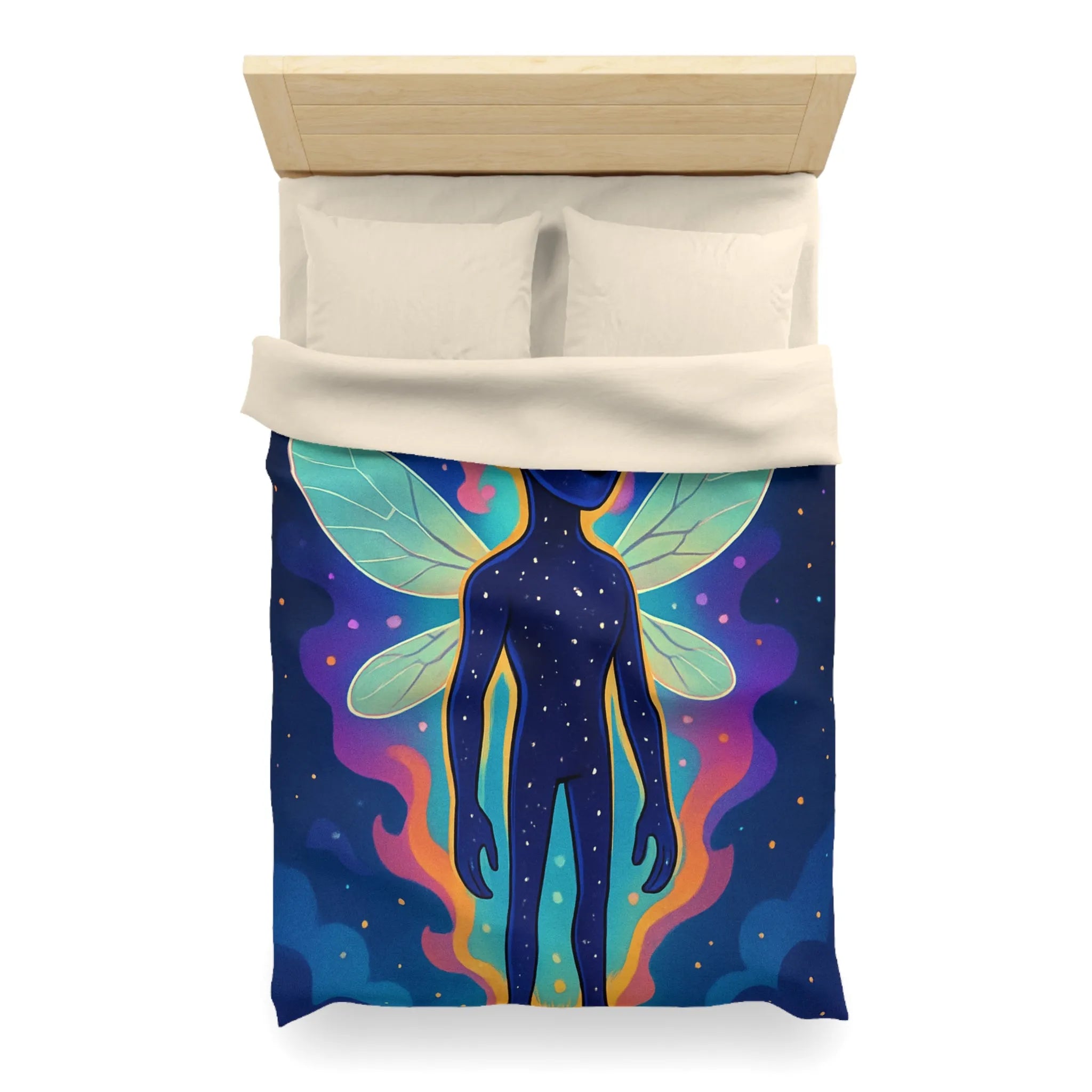 Housse de couette féerique avec créature cosmique et ailes éthérées pour chambre unique