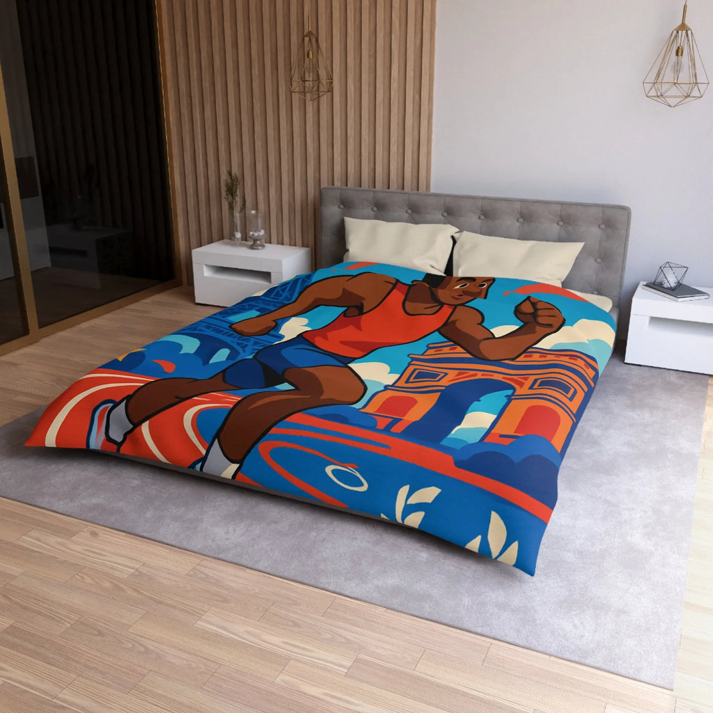 Couverture de lit sportive avec athlète vibrant et monuments emblématiques pour chambre dynamique