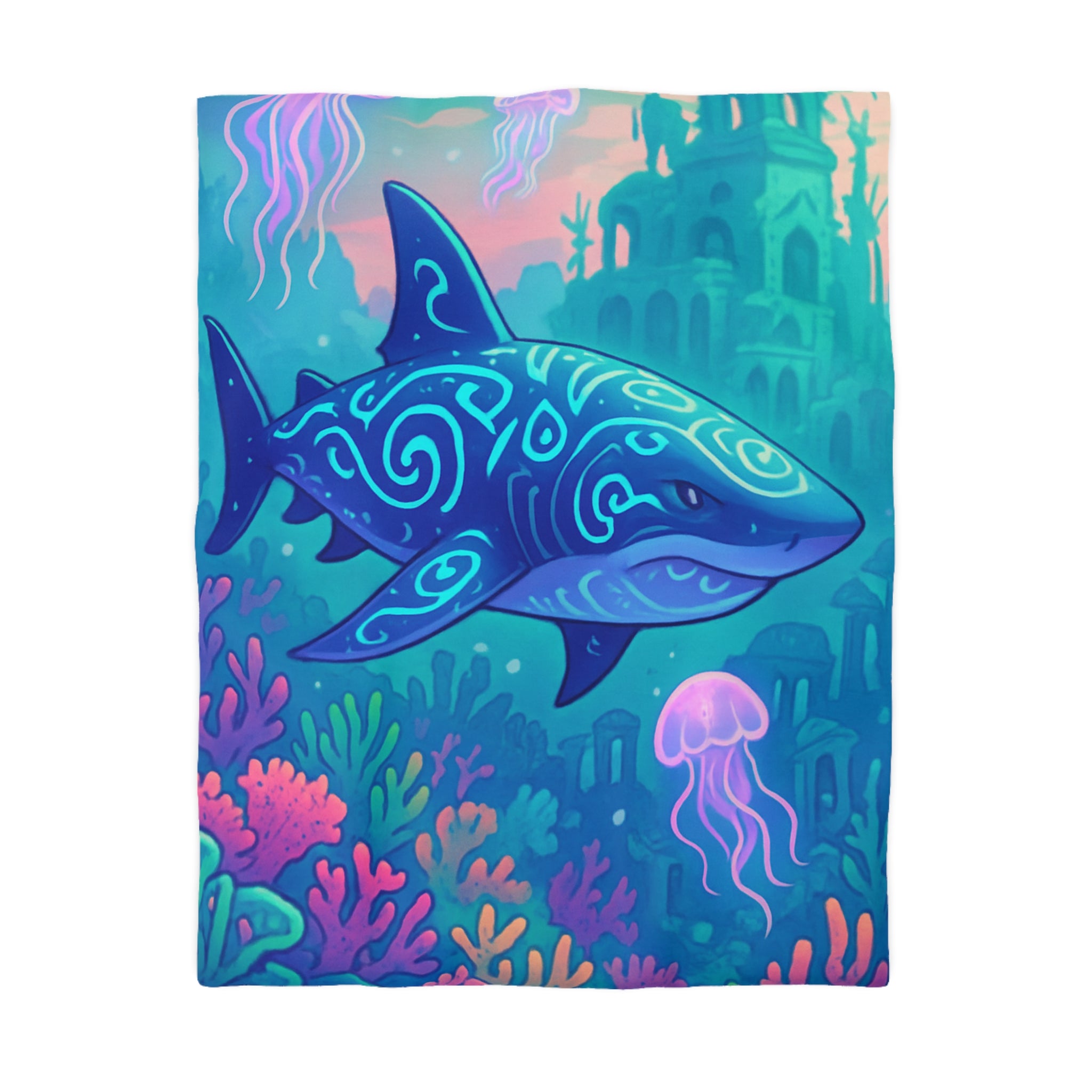 Housse de couette océan fantastique avec requin luminescent et méduses colorées