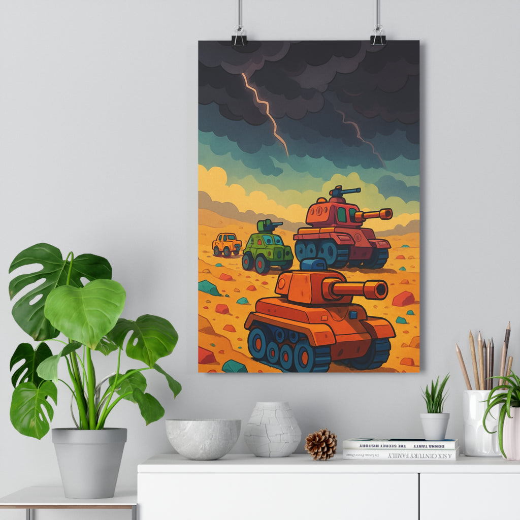 Poster décoratif cartoon coloré tanks crépuscule orange vert rouge salon chambre moderne aventure vibrant