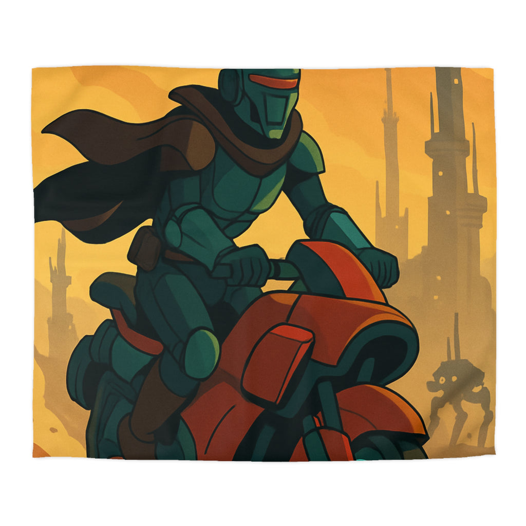 Housse de couette moto futuriste avec pilote en armure et paysage urbain orange