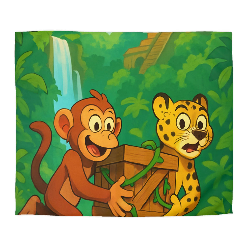 Housse de Couette Jungle Aventure: Singe et Léopard En Explorateurs Cachés dans La Forêt