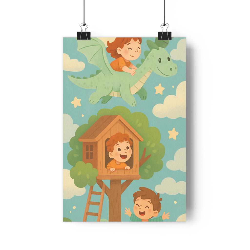 Poster décoratif enfant dragon vert étoilé magique joyeux pastel chambre rêveur mural créatif unique