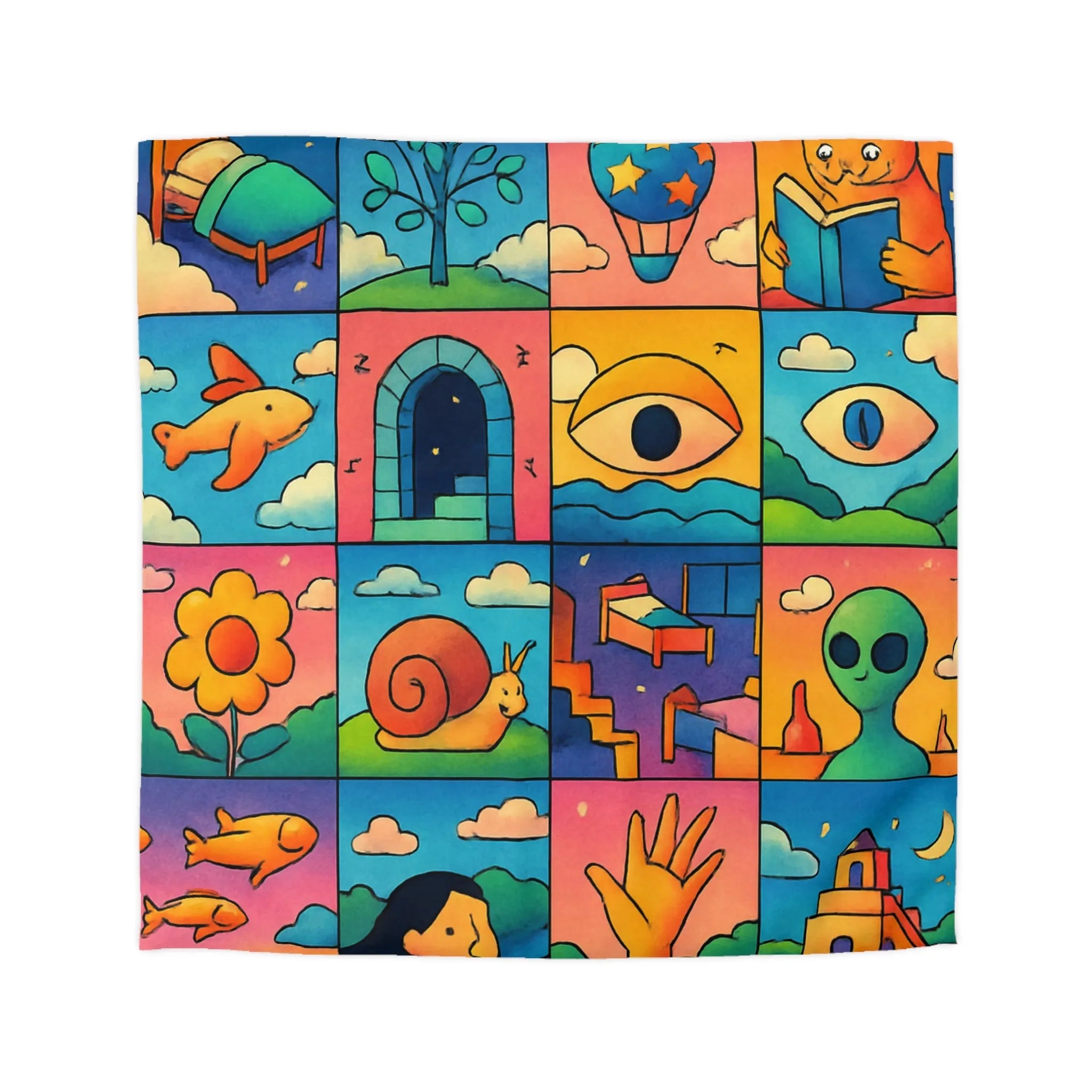 Housse de couette colorée avec motifs surréalistes, animaux et paysages de rêve