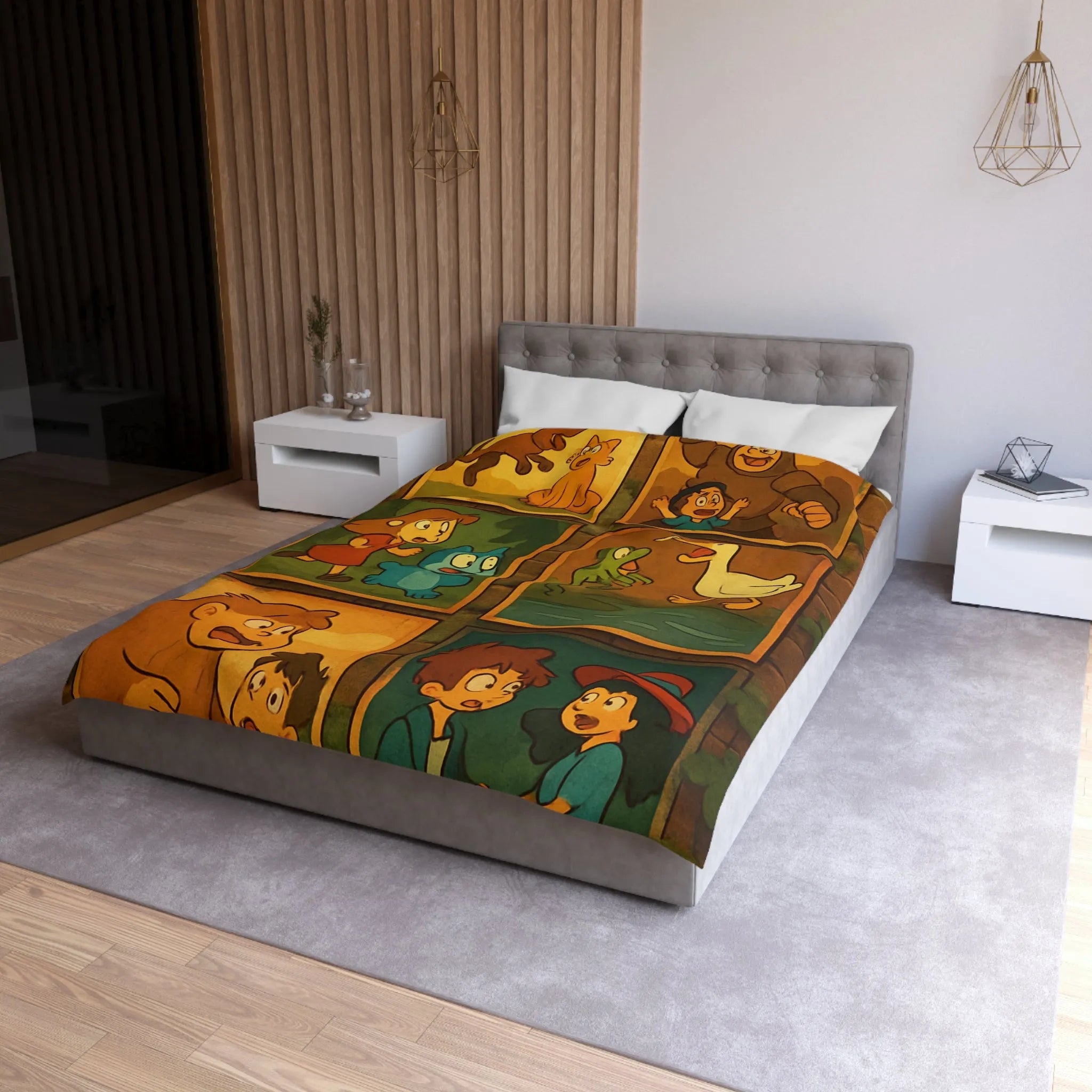 Housse de couette illustrée de scènes animées animalières et humaines ludiques et colorées