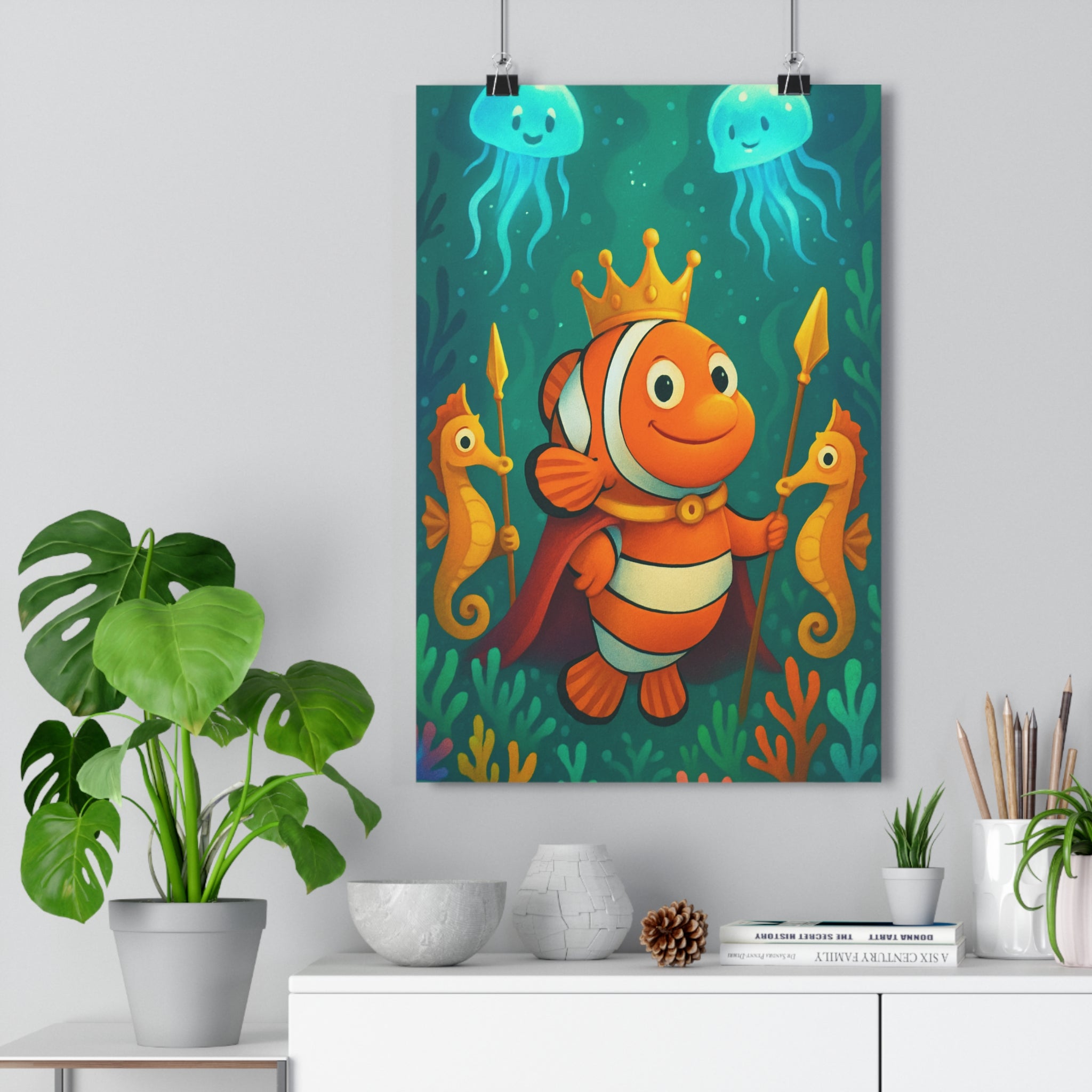 Poster décoratif conte fées animé bleu orange joyeux enfant chambre fantaisie magique poisson hippocampe