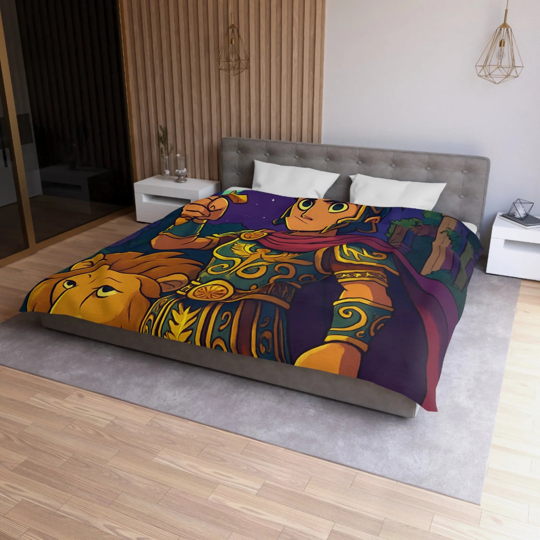 Housse de couette épique pour enfants avec un guerrier et un lion mythiques