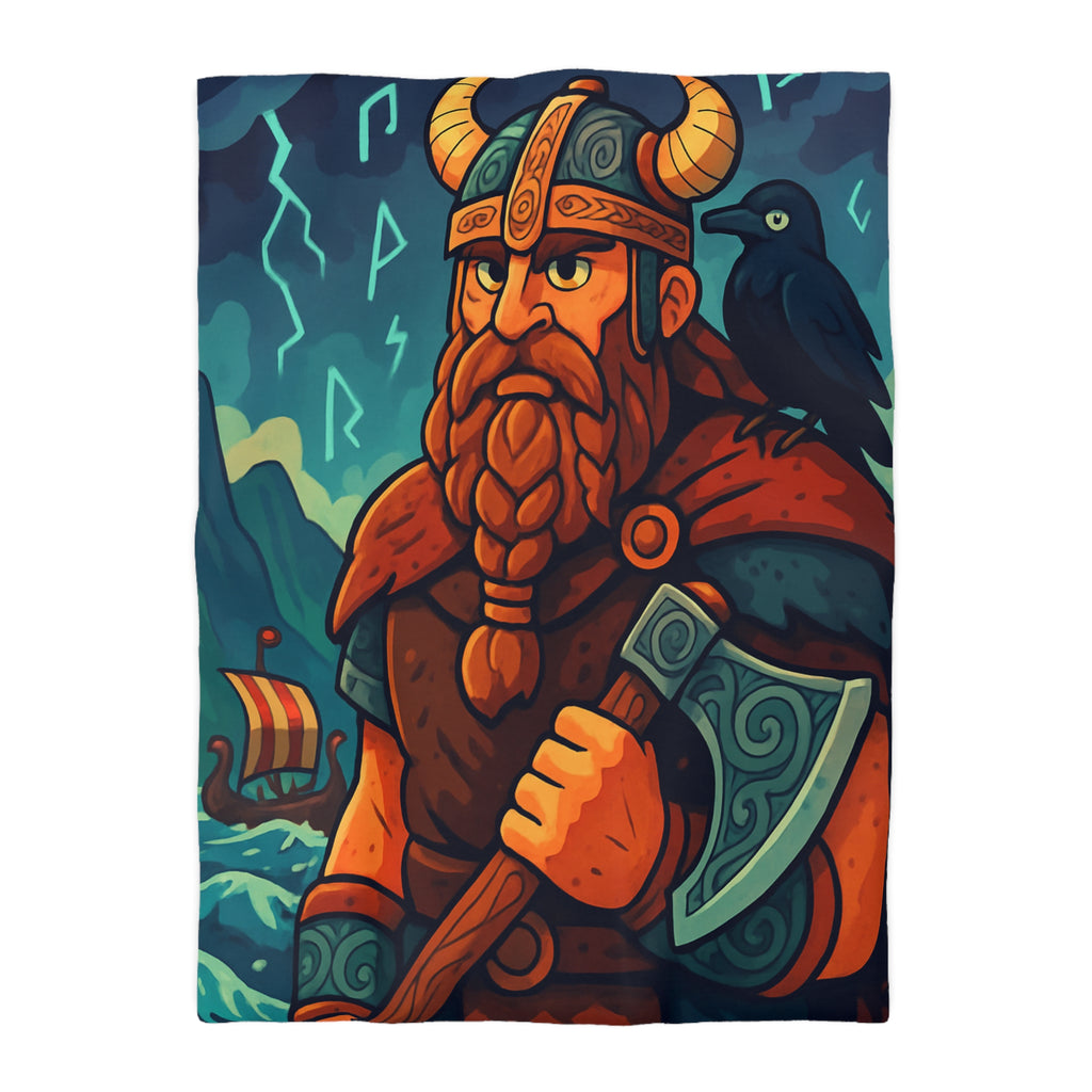 Housse de Couette Viking Épique avec Corbeau Mystique et Mer Orageuse Nordique