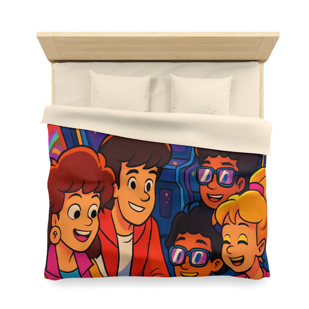 Housse de couette vibrante années 80 avec motifs arcades et ambiance rétro lumineuse