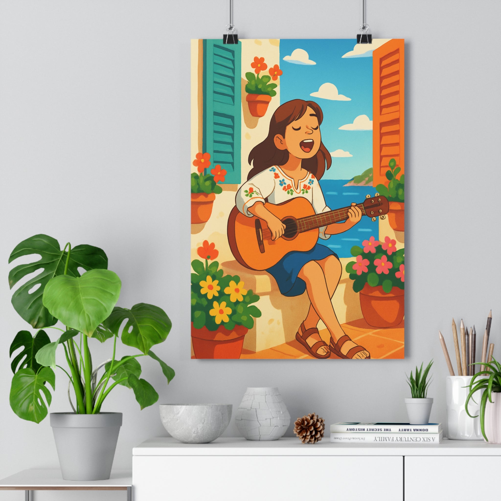 Poster décoratif méditerranéen bleu orange joyeux salon chambre terrasse guitare femme été charme fleurs
