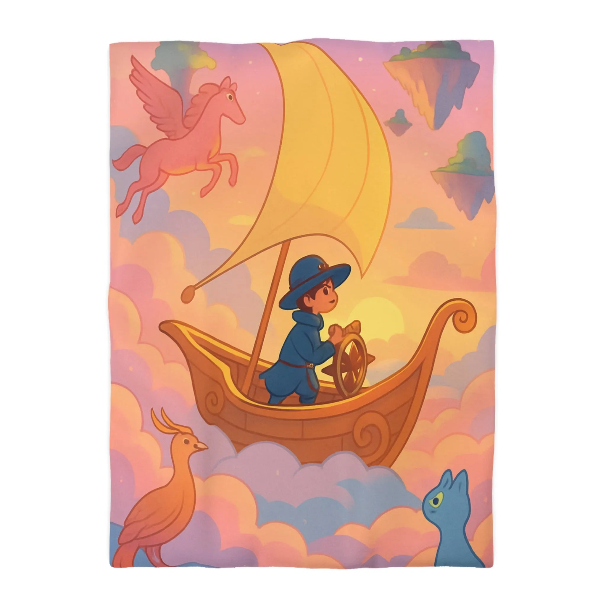 Housse de Couette Enchantée Avec Licorne et Bateau Volant Dans le Ciel Éthéré