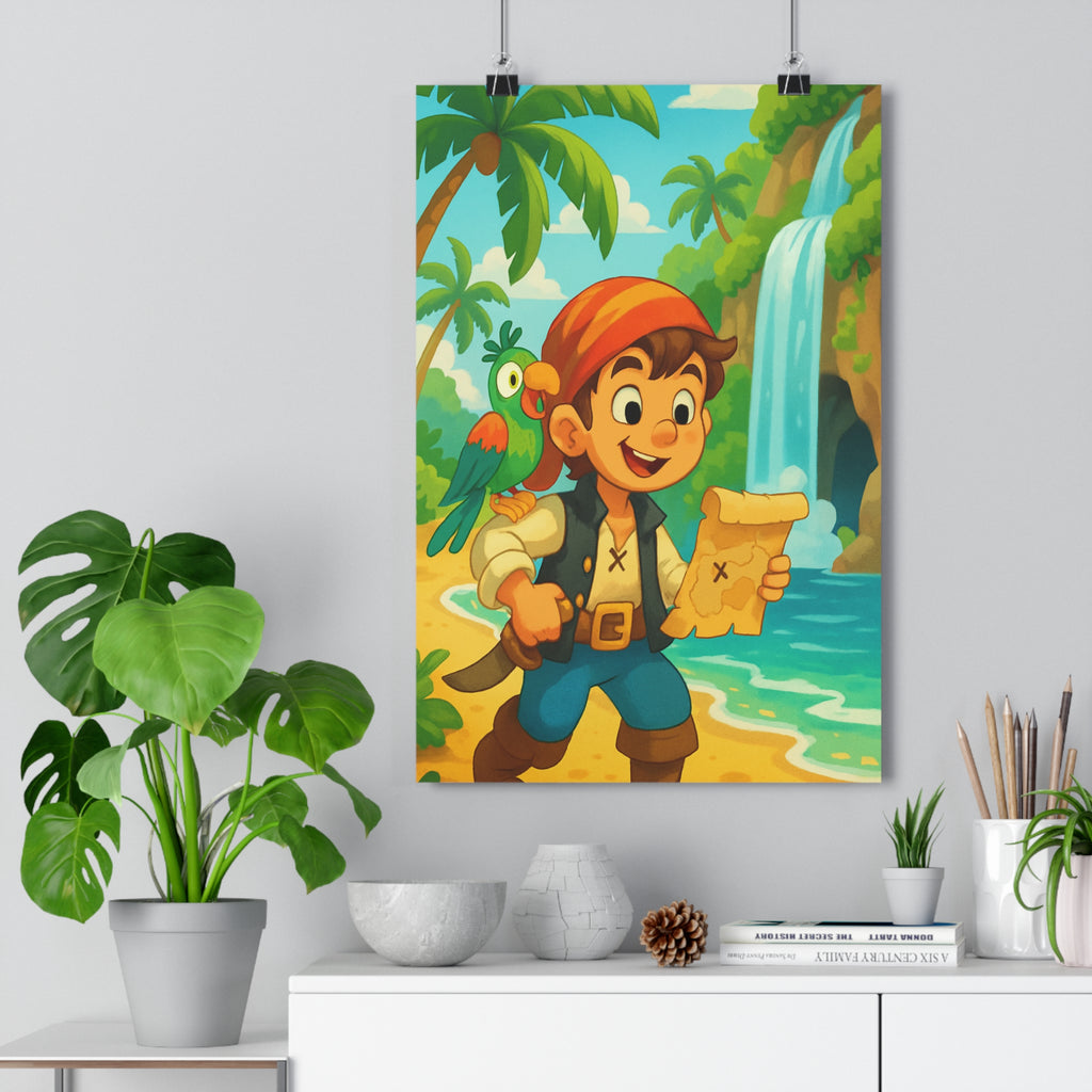 Poster décoratif aventure enfant pirate perroquet cascade tropical cartoon joyeux exotique chambre vibrant coloré
