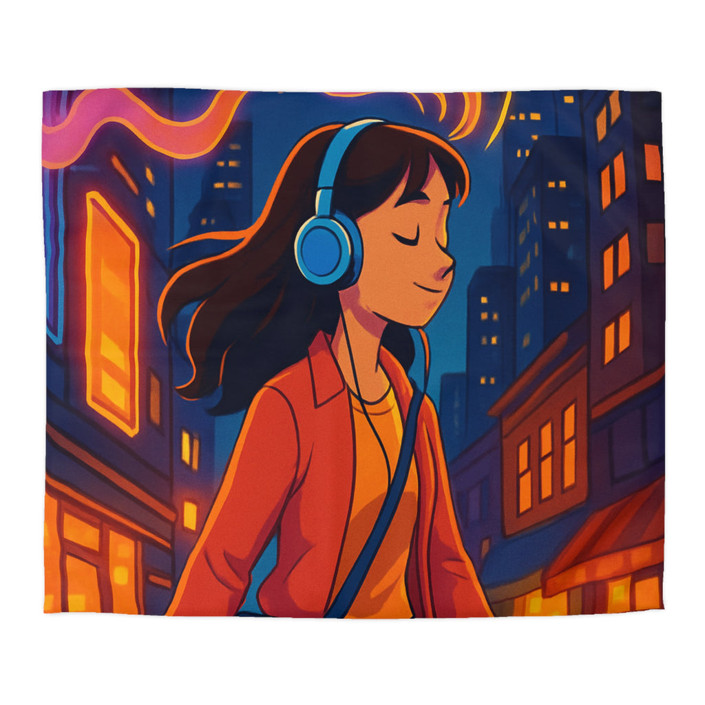 Housse de couette urbaine avec illustration vibrante de nuit et ambiance musicale