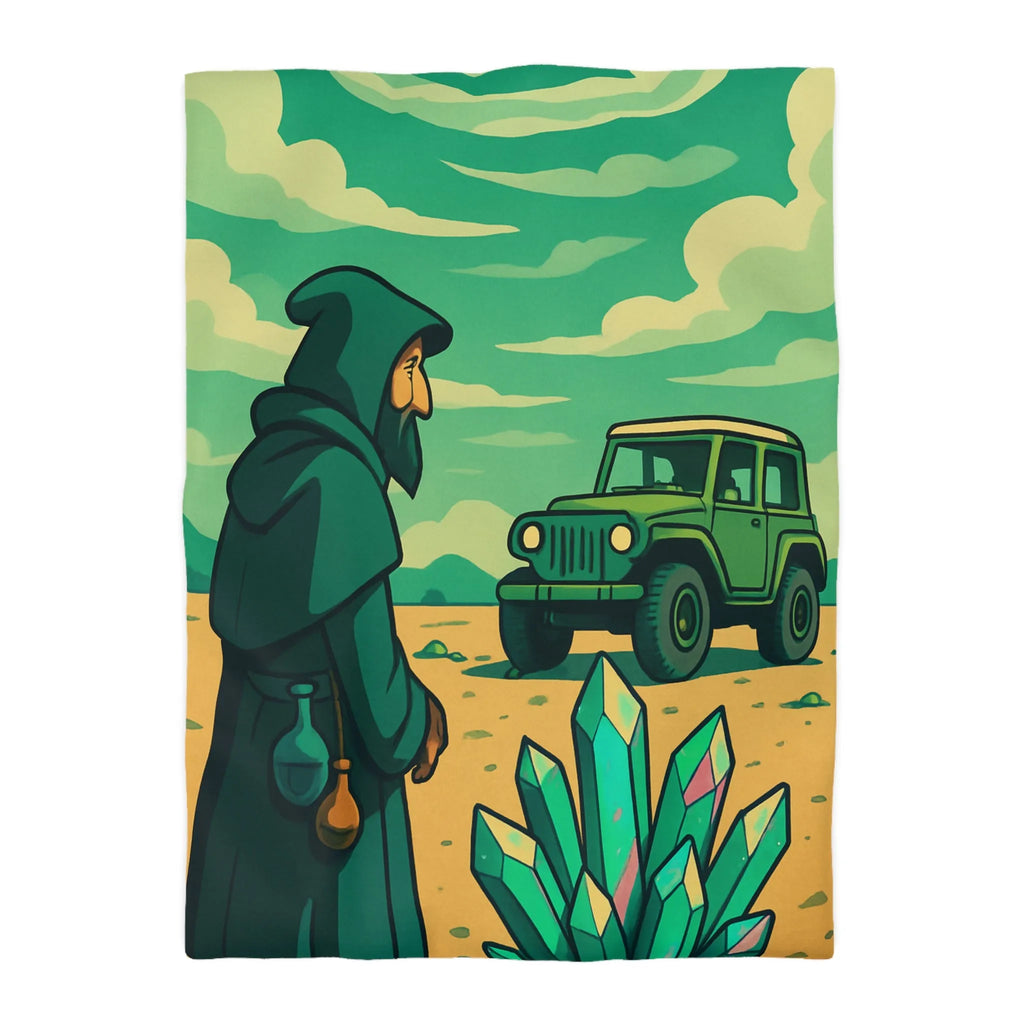 Housse de couette illustrée avec paysage surnaturel, grotte colorée et véhicule tout-terrain