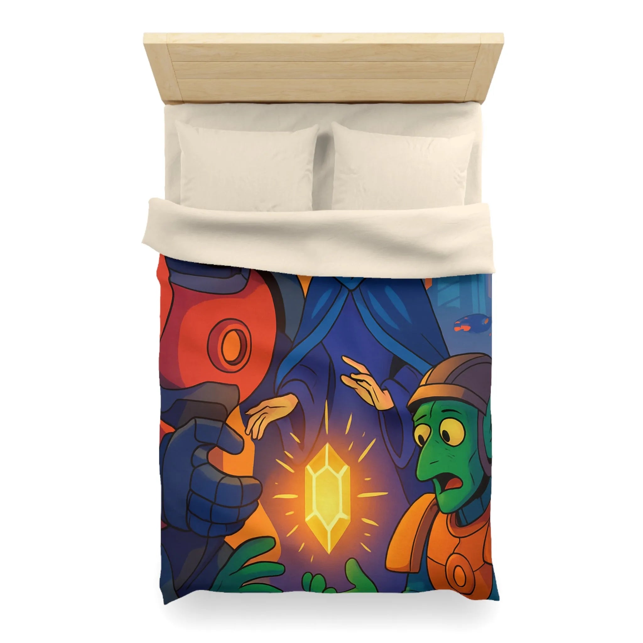 Housse de couette colorée avec illustration futuriste d'artefact mystérieux et personnages intrigants
