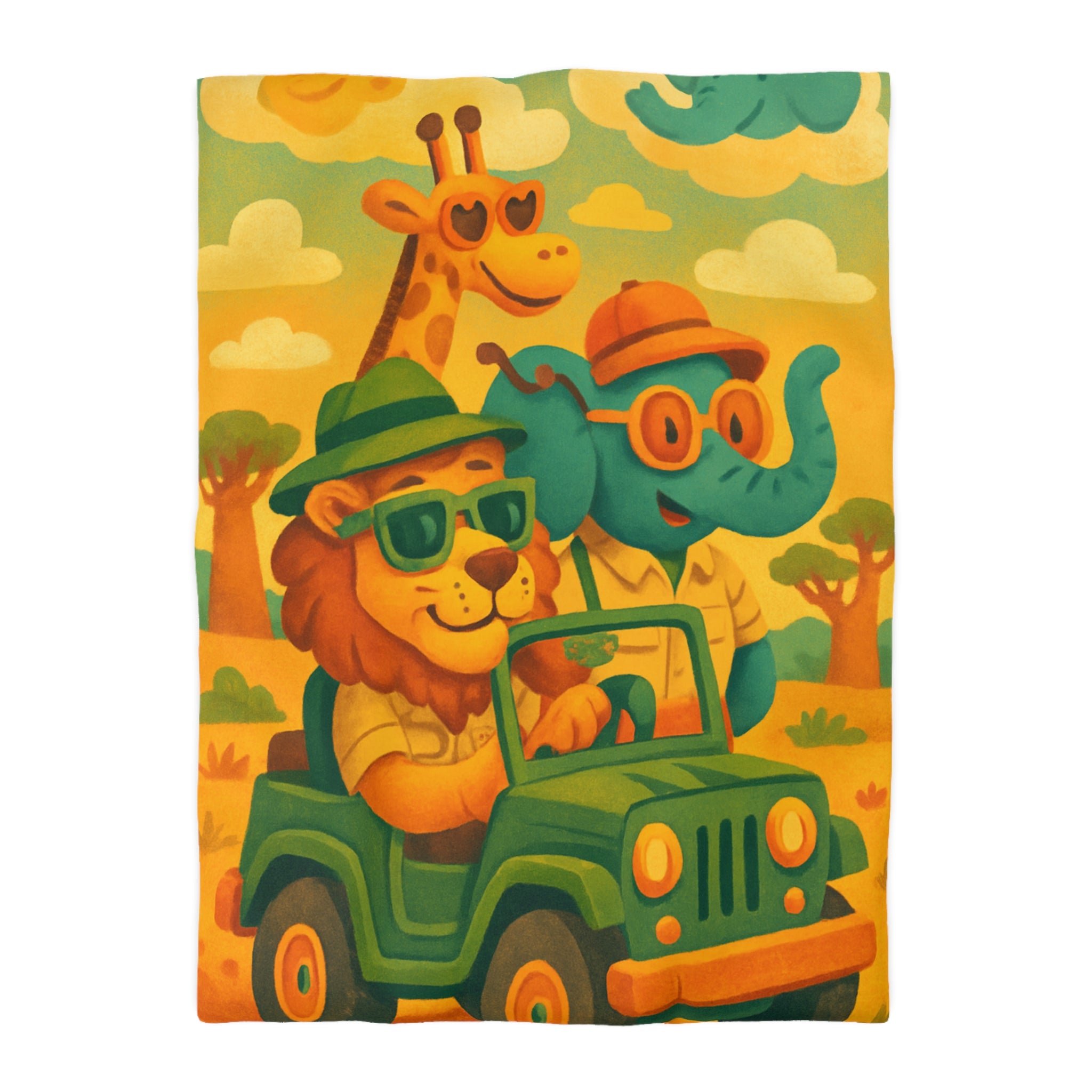 Safari animé avec lion et éléphant en voiture verte sous ciel bleu