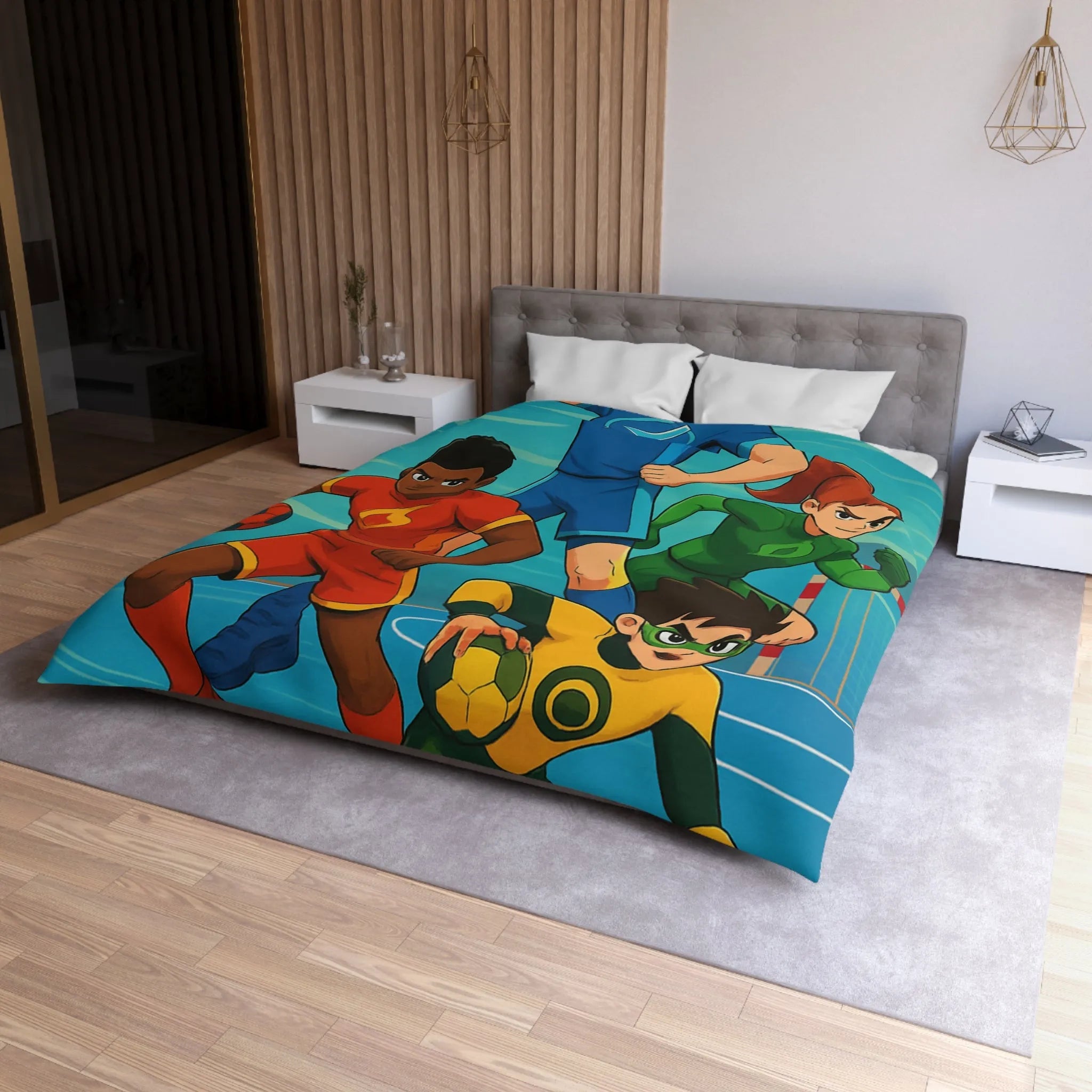 Housse de couette colorée super-héros, style bande dessinée sports, enfants aventure dynamique