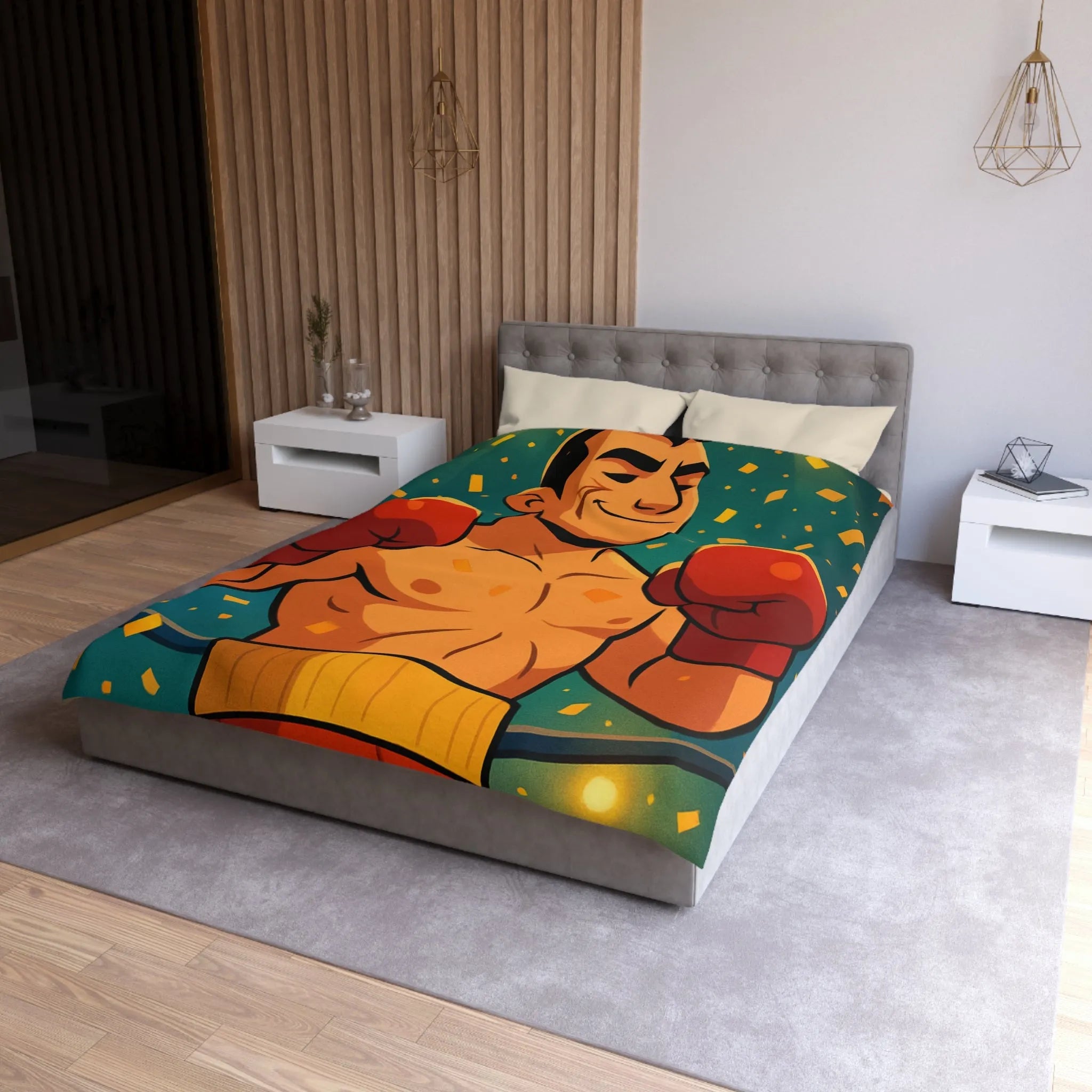 Housse de couette colorée avec boxeur en tenue rouge, ambiance festive dynamique