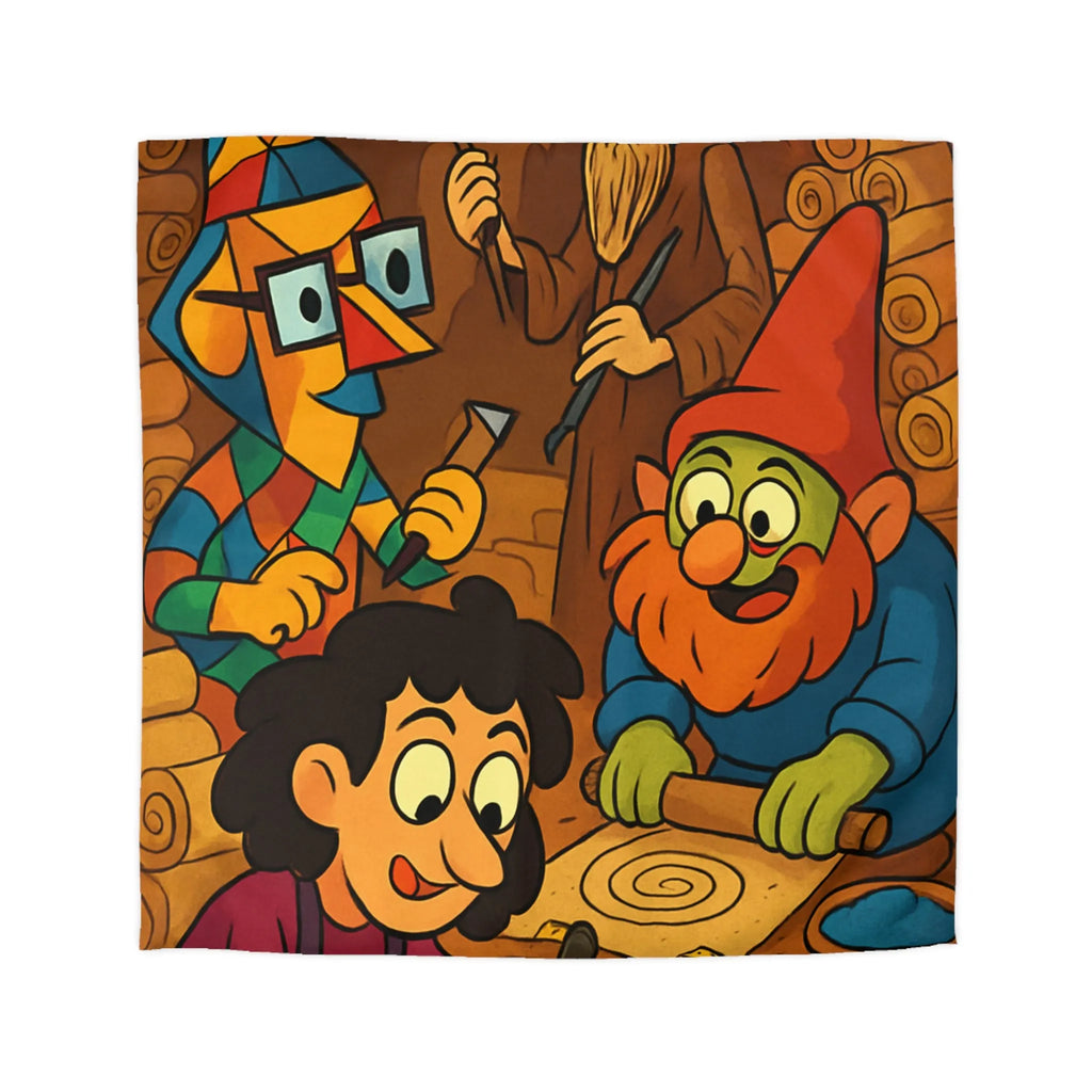 Housse de couette illustrée ambiance atelier fantasy avec gnomes et textures chaleureuses colorées