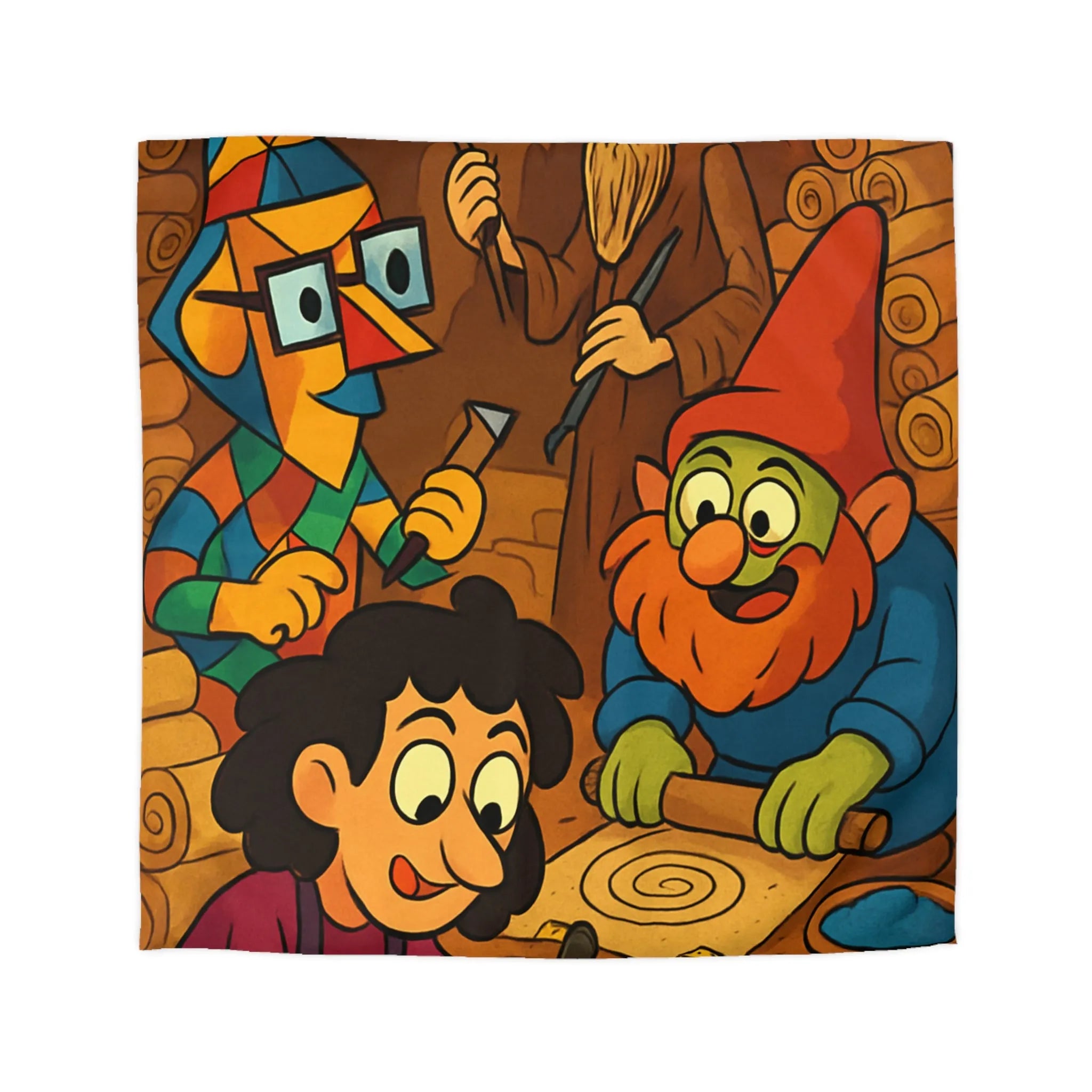 Housse de couette illustrée ambiance atelier fantasy avec gnomes et textures chaleureuses colorées