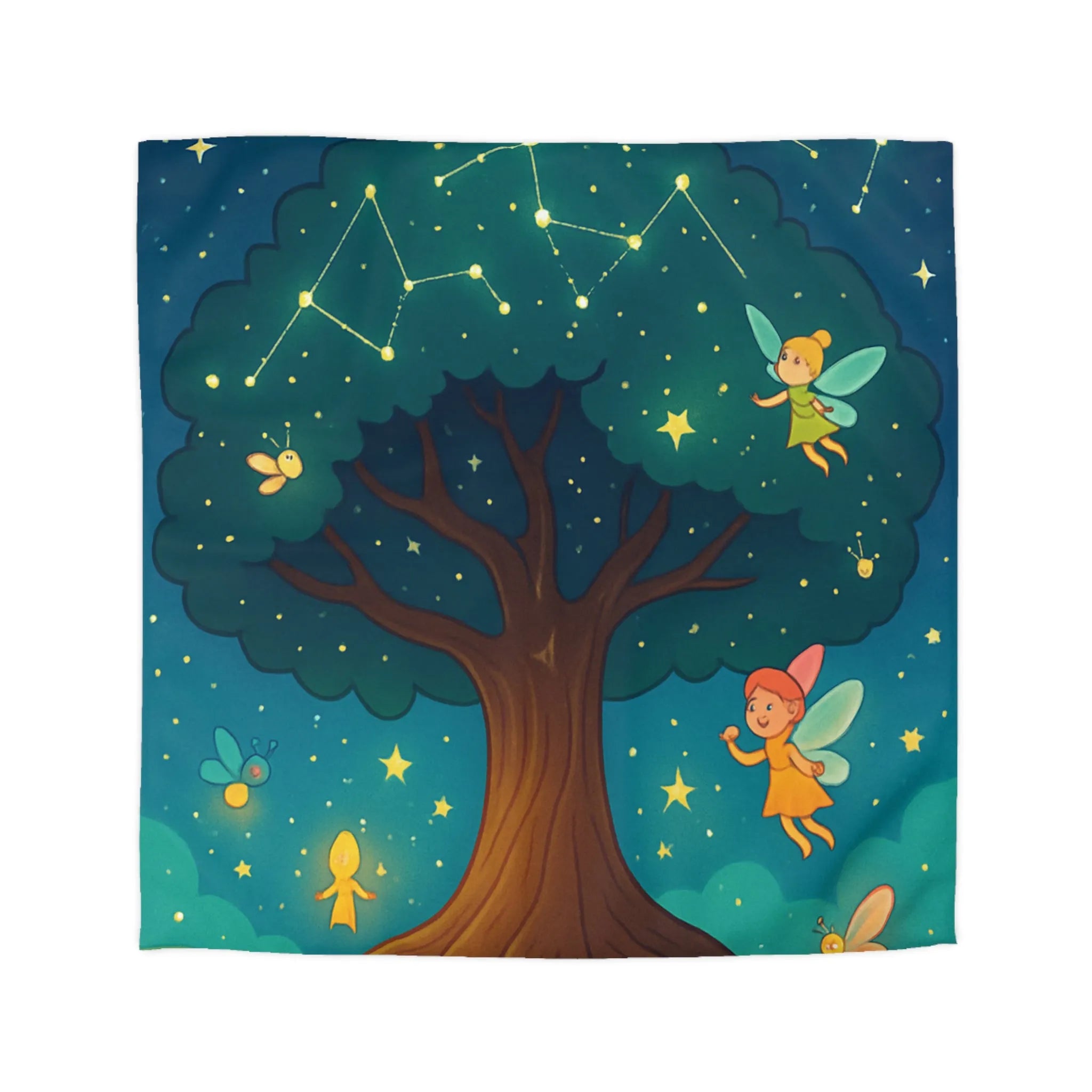 Housse de couette féérique avec arbre enchanté et fées sous les constellations étoilées