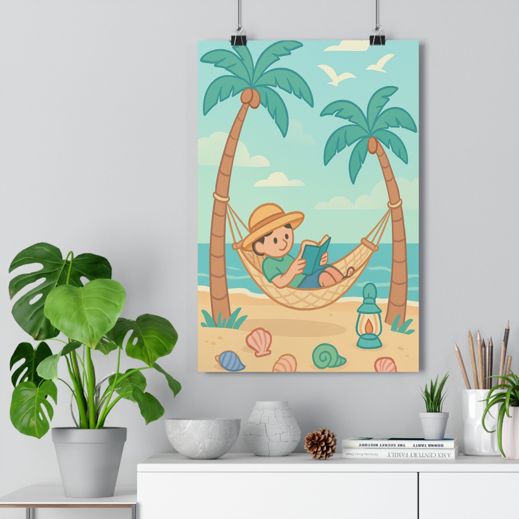 Poster décoratif cartoon plage relaxant bleu vert beige chambre ambiance paisible adulte lecture fantaisie
