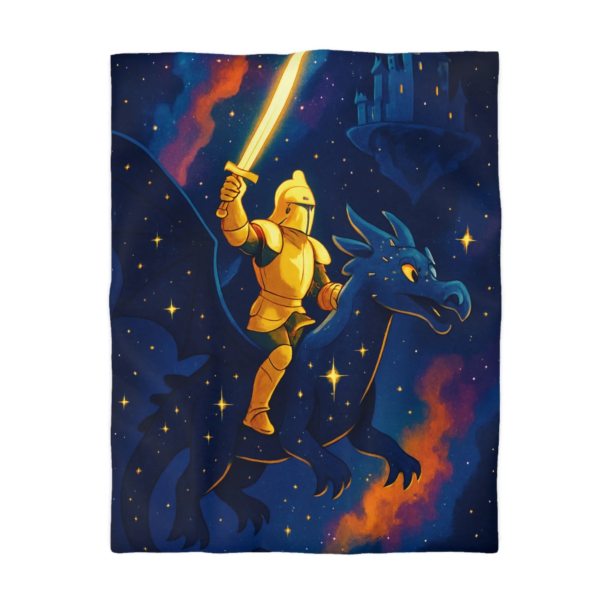 Housse de couette avec chevalier et dragon volant sous étoiles et château magique
