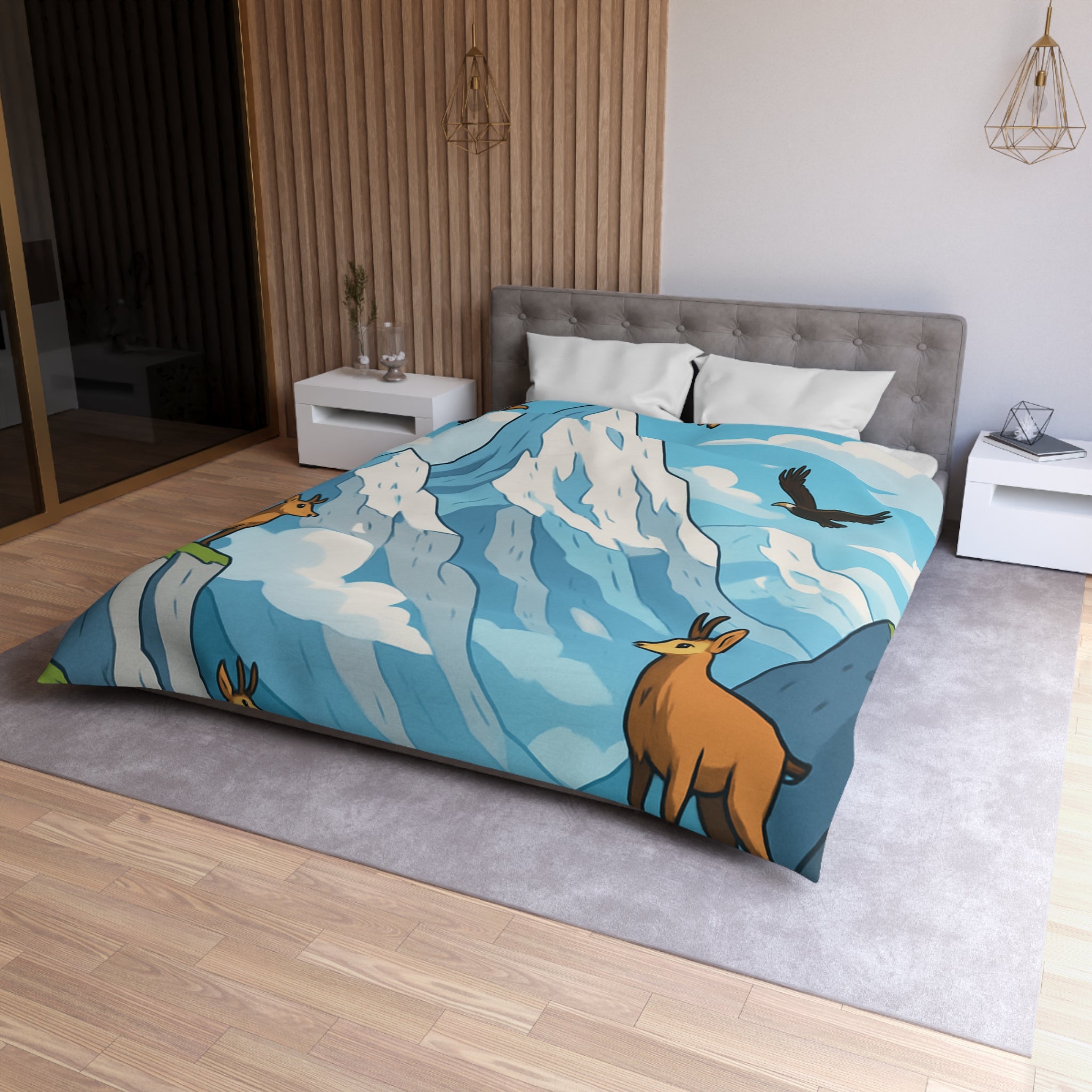 Housse de couette montagne avec aigles majestueux et bouquetins en pleine nature