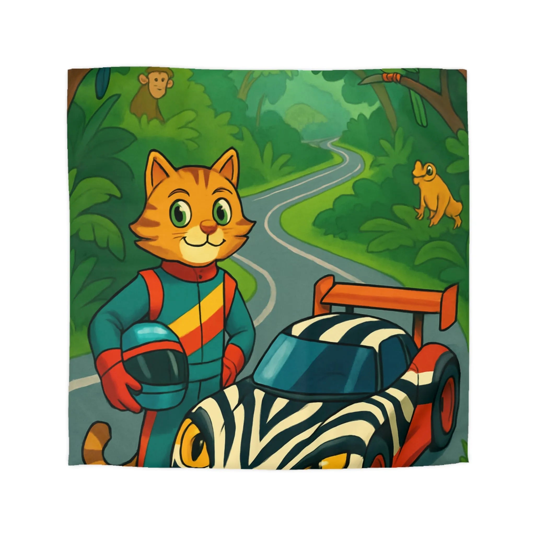 Housse de couette illustrée avec pilote chat, voiture zébrée et jungle luxuriante