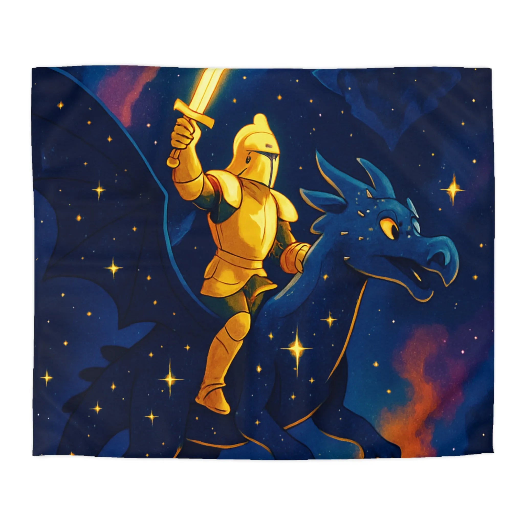 Housse de couette avec chevalier et dragon volant sous étoiles et château magique