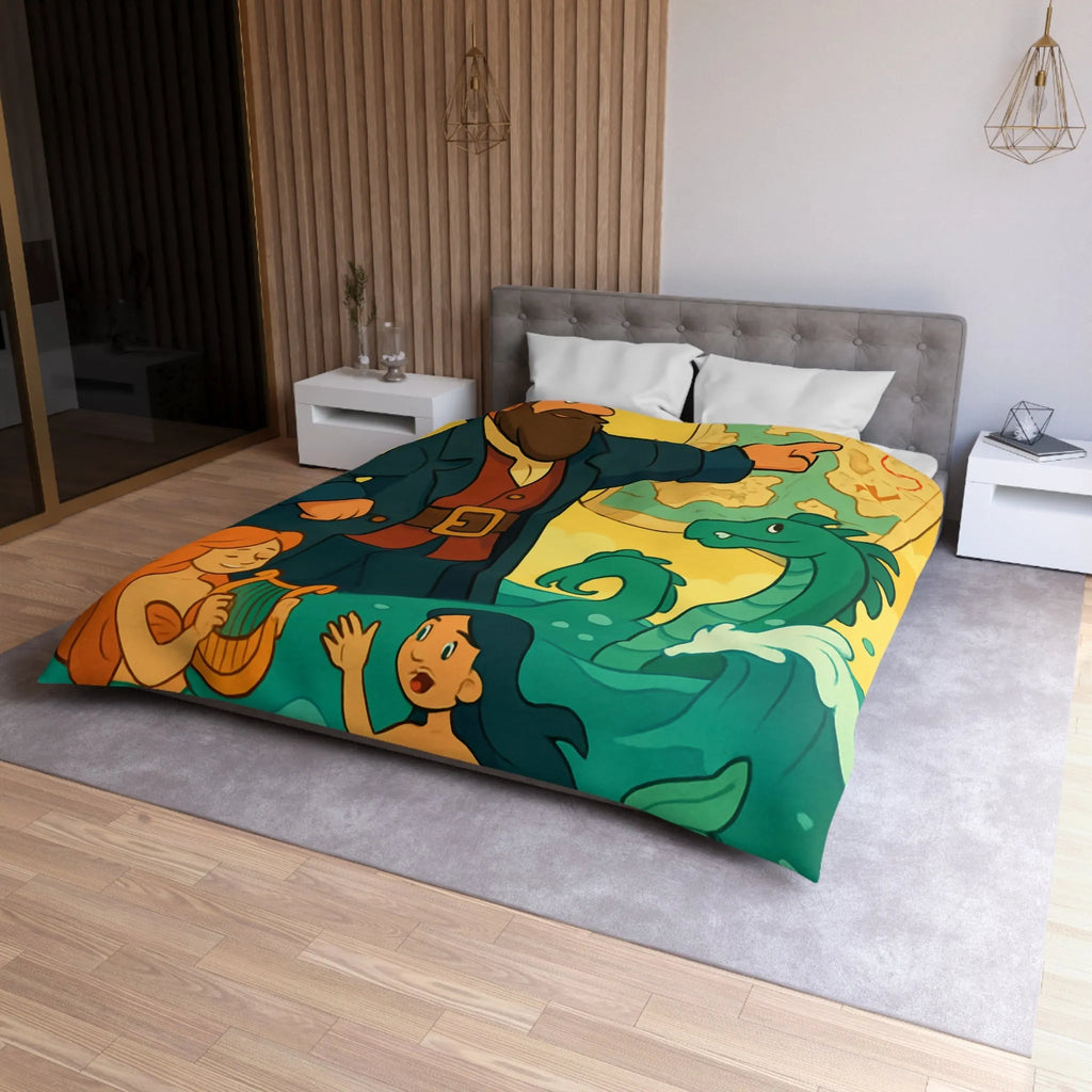 Housse de couette illustrée pirate avec carte, sirènes et monstre marin ludique