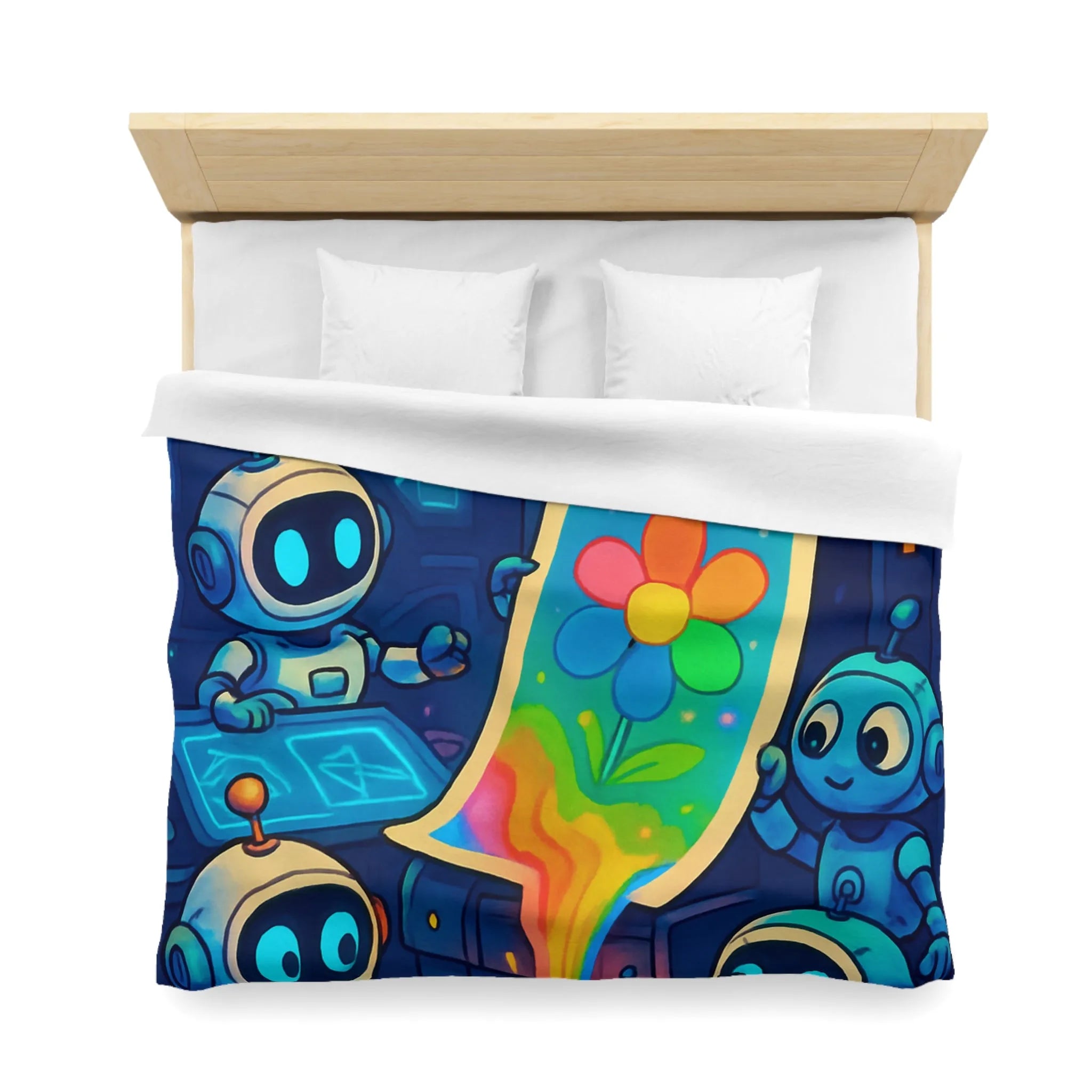 Drôles de robots imprimant une fleur colorée dans un atelier futuriste lumineux