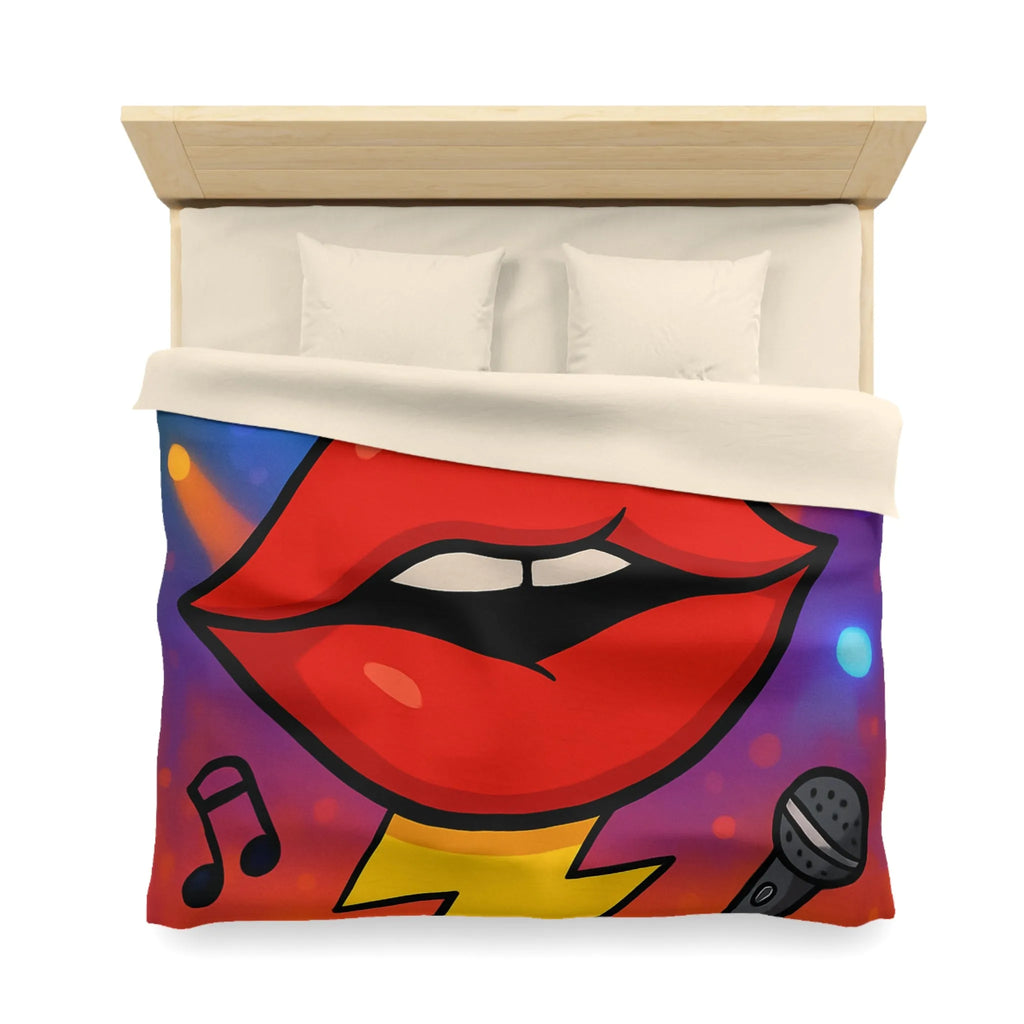 Housse de couette design rock multicolore avec lèvres éclairs, micros et guitares