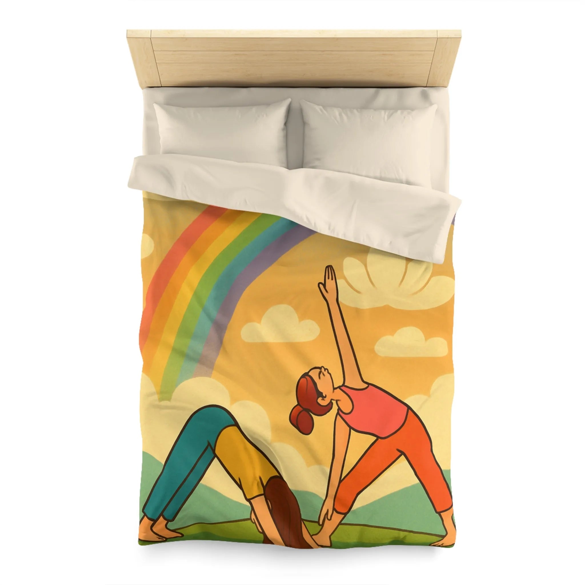 Housse De Couette Enfant Avec Arc-en-Ciel Coloré Et Personnages Pratiquant Le Yoga Énergique