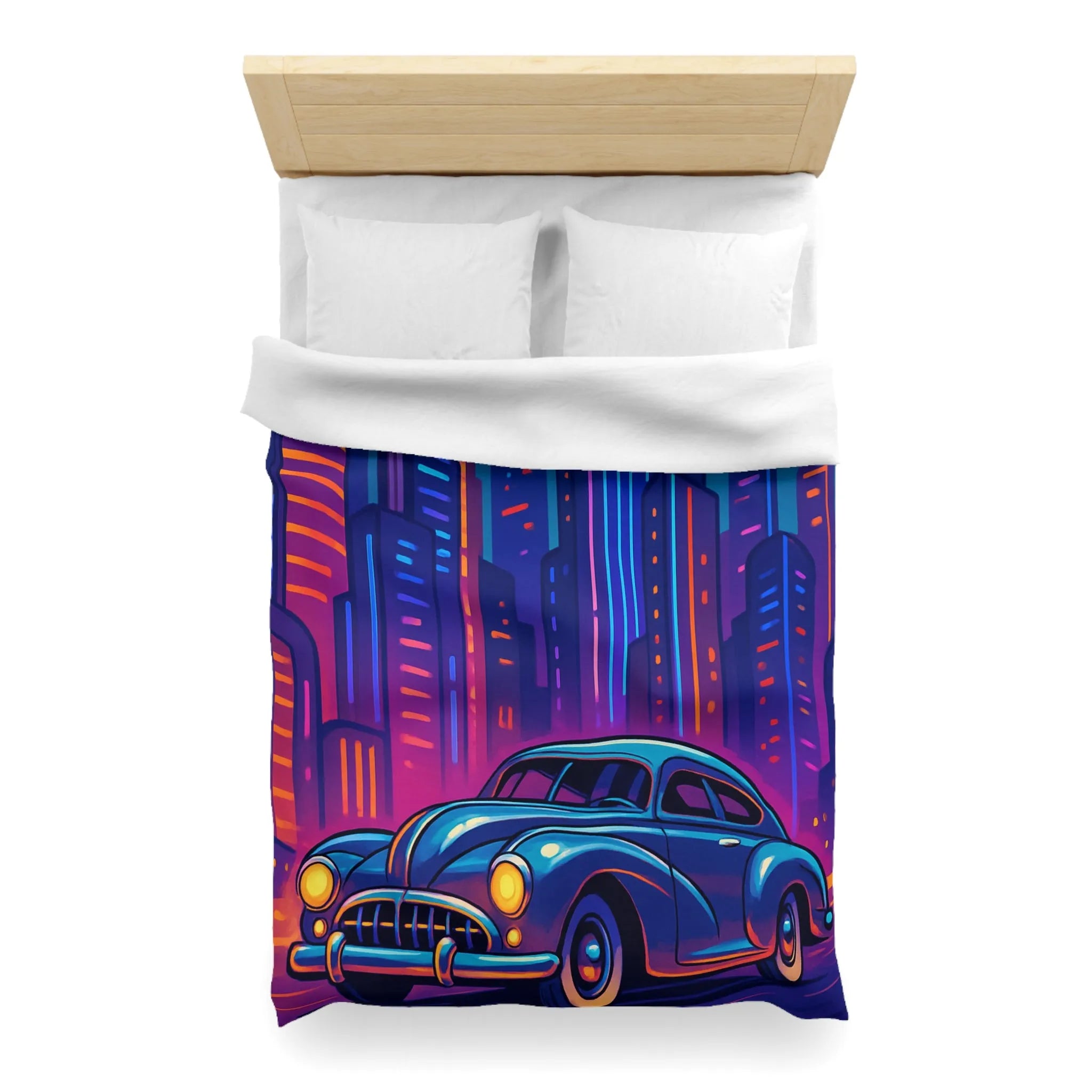 Housse de Couette Futuriste avec Voiture Vintage et Ville Lumineuse Style Néon