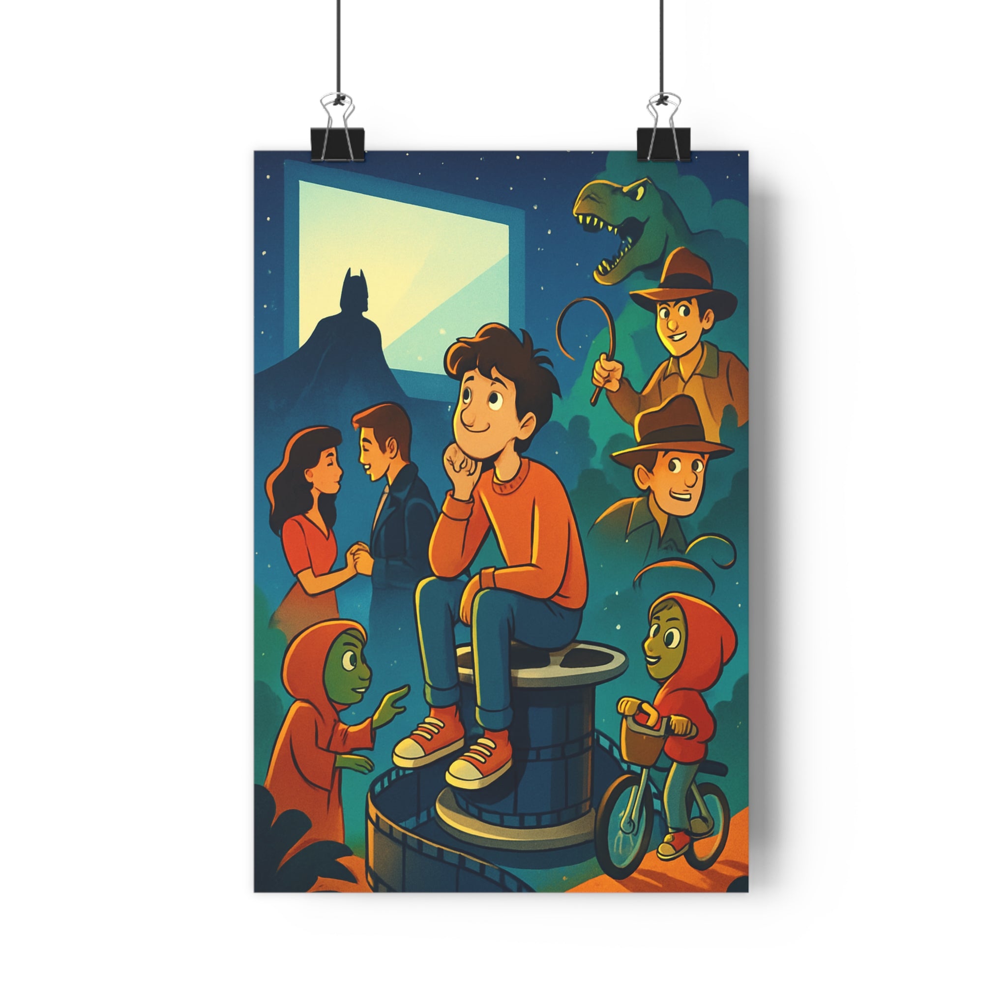 Poster décoratif nostalgique cinéma aventure vintage enfant magique coloré rouge bleu jaune rêveur iconique