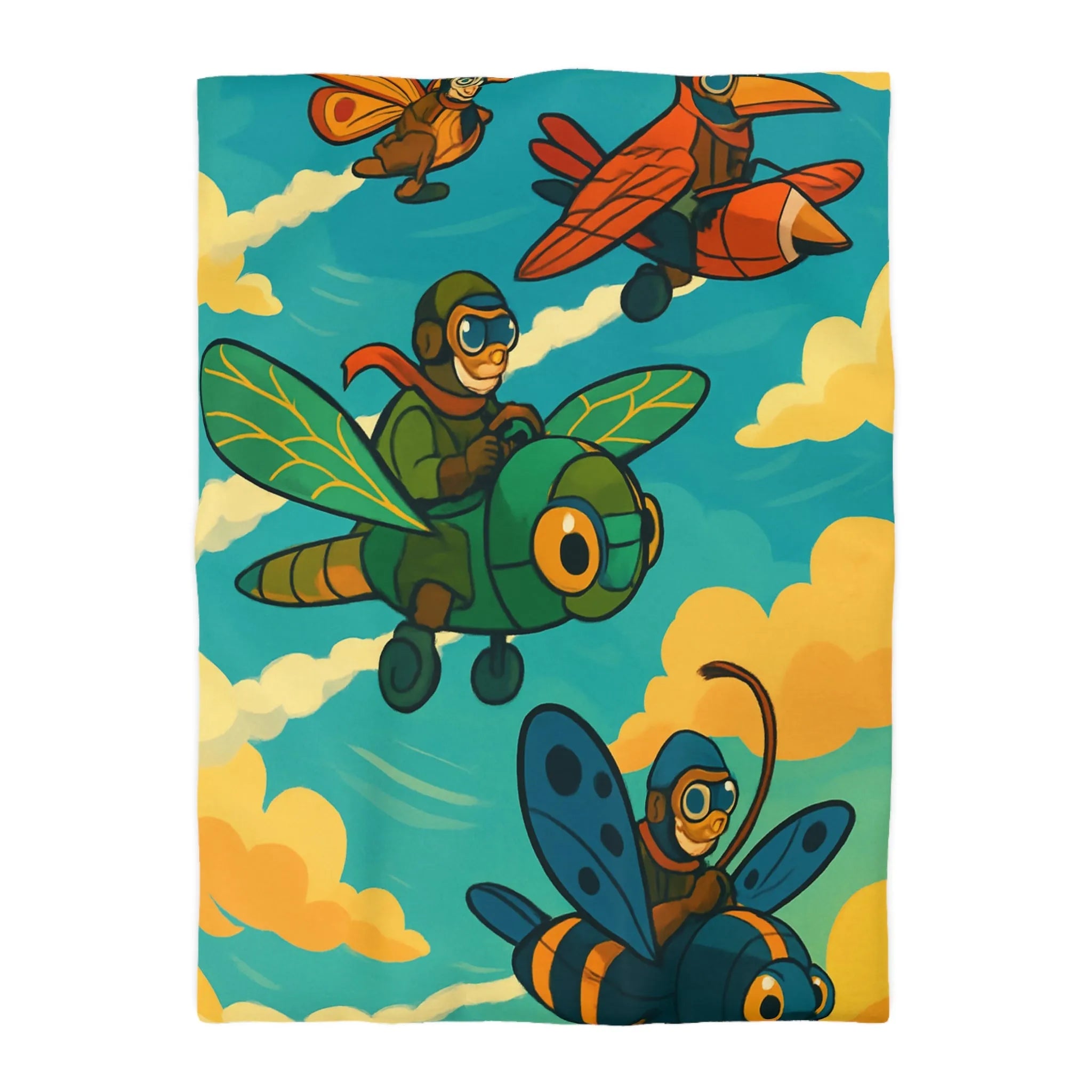 Housse de couette avec motif ludique d'avions insectes sur fond de ciel coloré