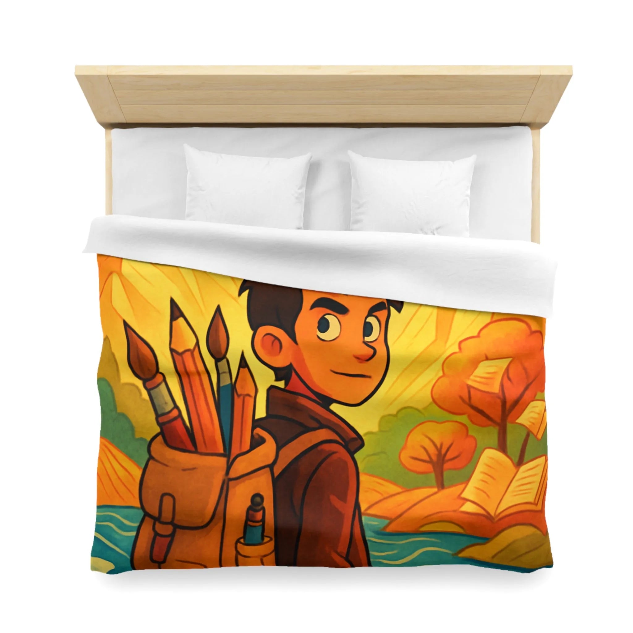 Housse de couette artistique colorée avec paysage lumineux et personnage aventureux dessiné