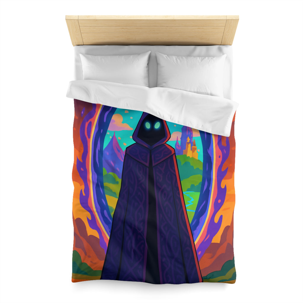 Mystérieux paysage enchanté avec mage en robe près du portail vibrant coloré