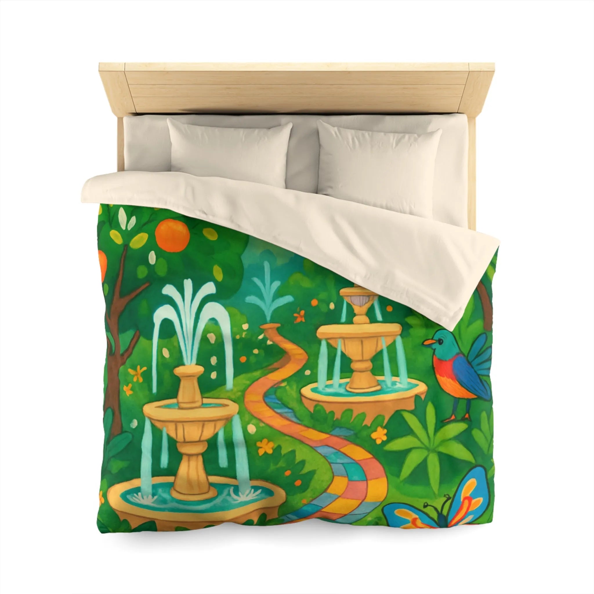 Housse de couette colorée avec oiseaux et fontaines dans jardin tropical vibrant